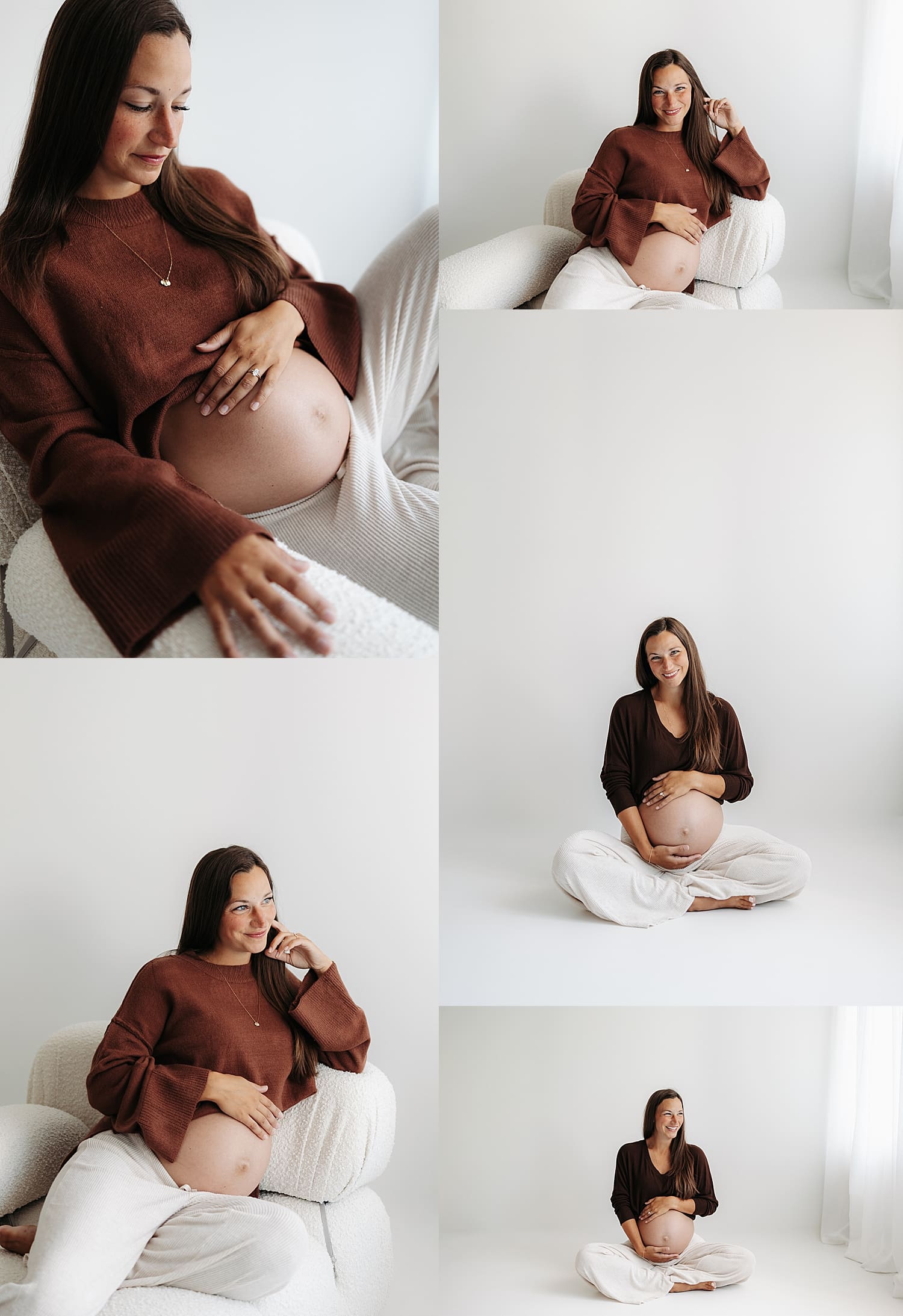 mom wearing brown sweater sits on floor cradling belly by Wisconsin family photographer