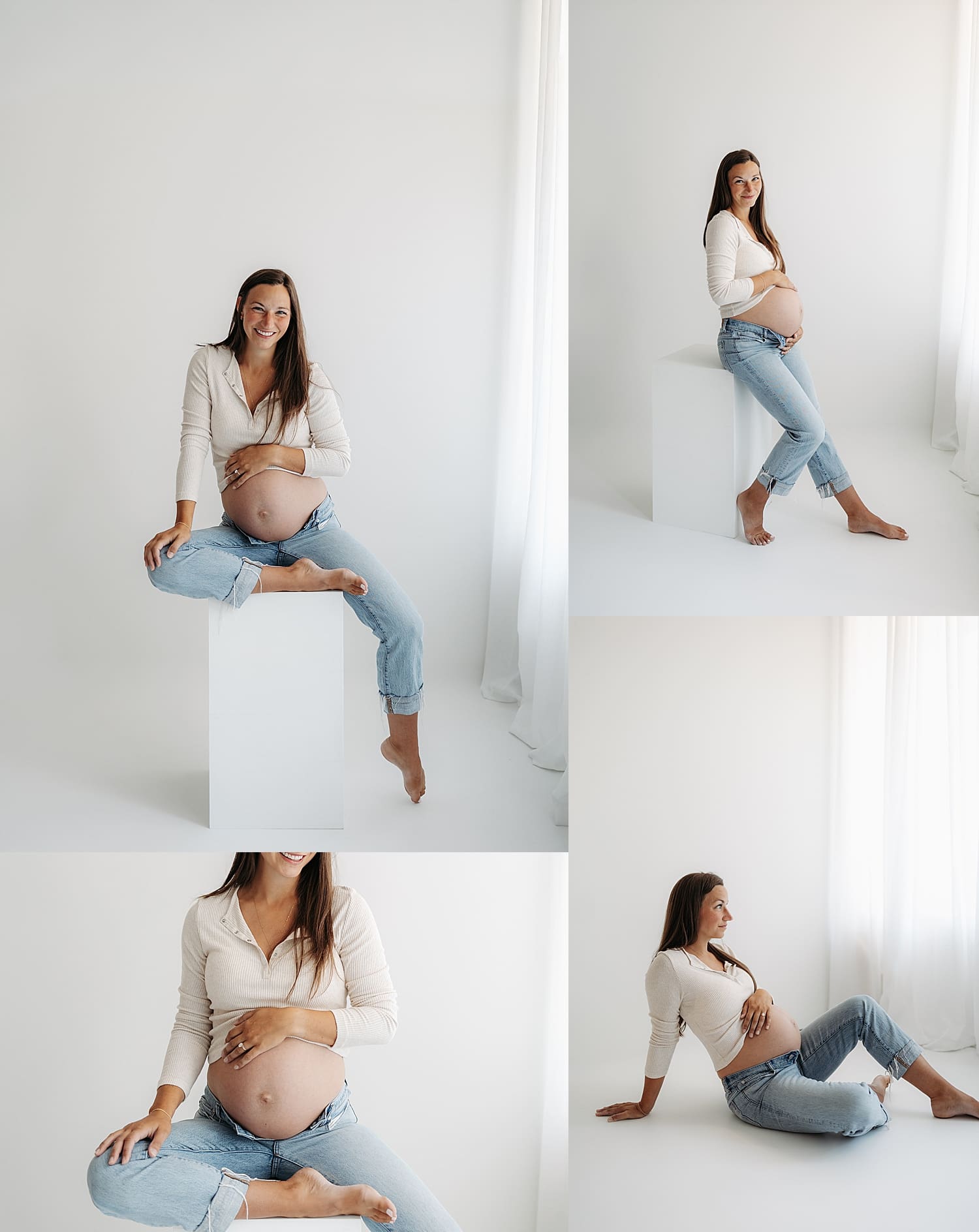 Mom in white shirt and denim leans against block in white room by Wisconsin family photographer