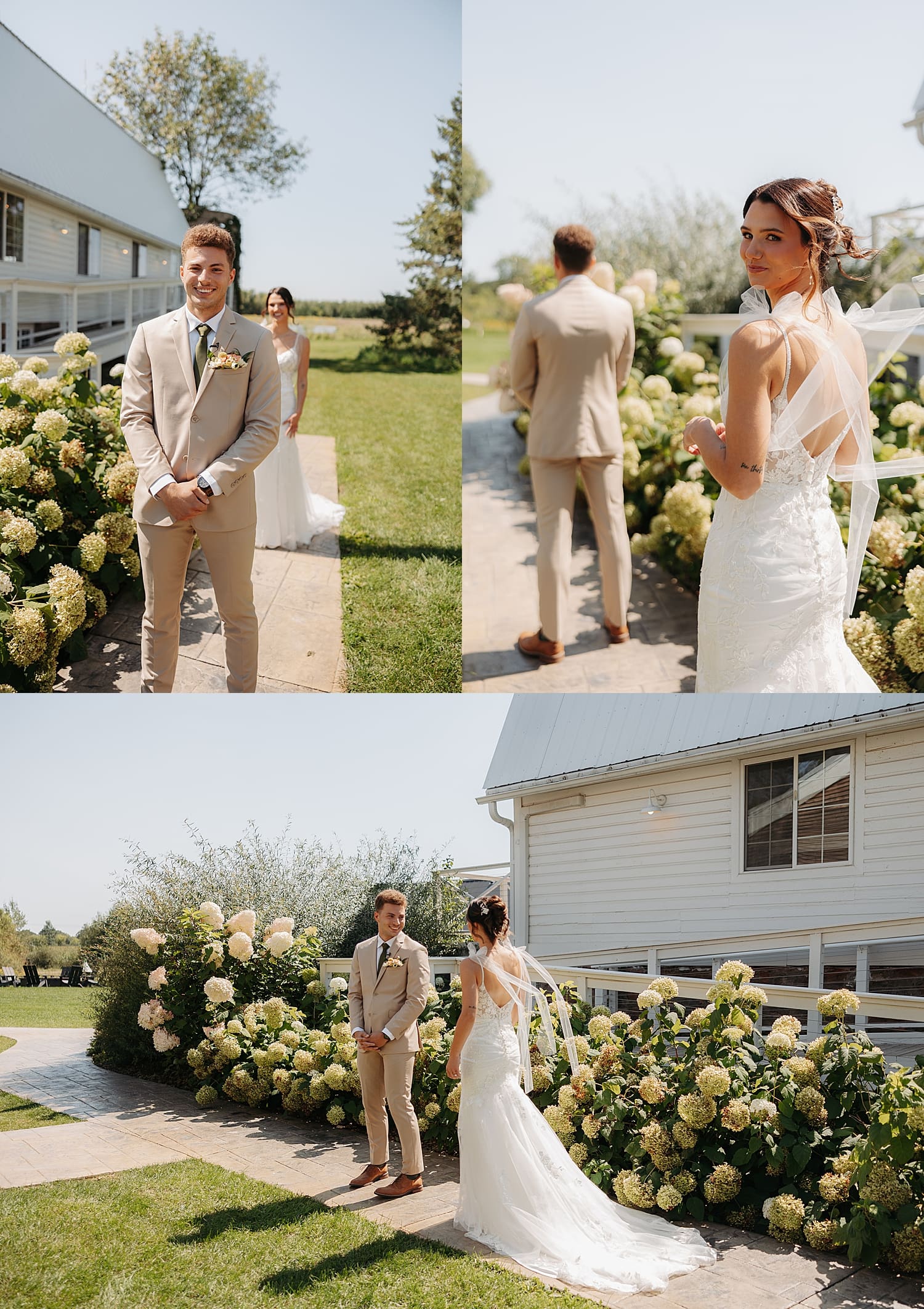 woman approaches her man for first look outside by Wisconsin wedding photographer