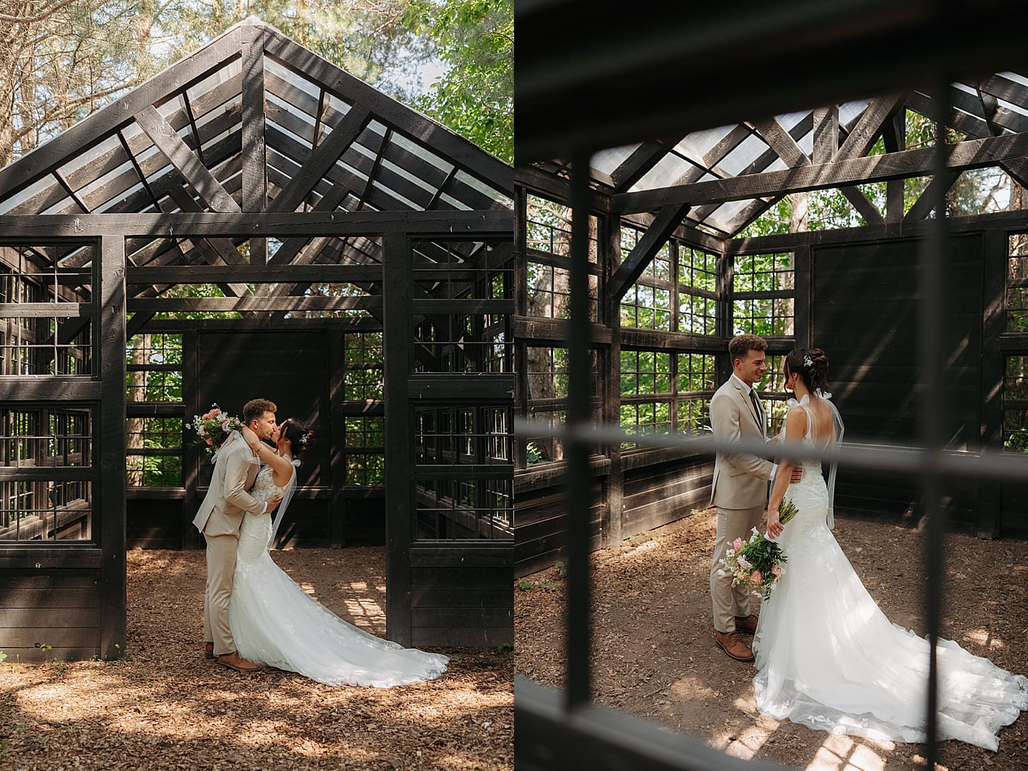 couple share an intimate moment in greenhouse before ceremony by Rose and Oak Photography