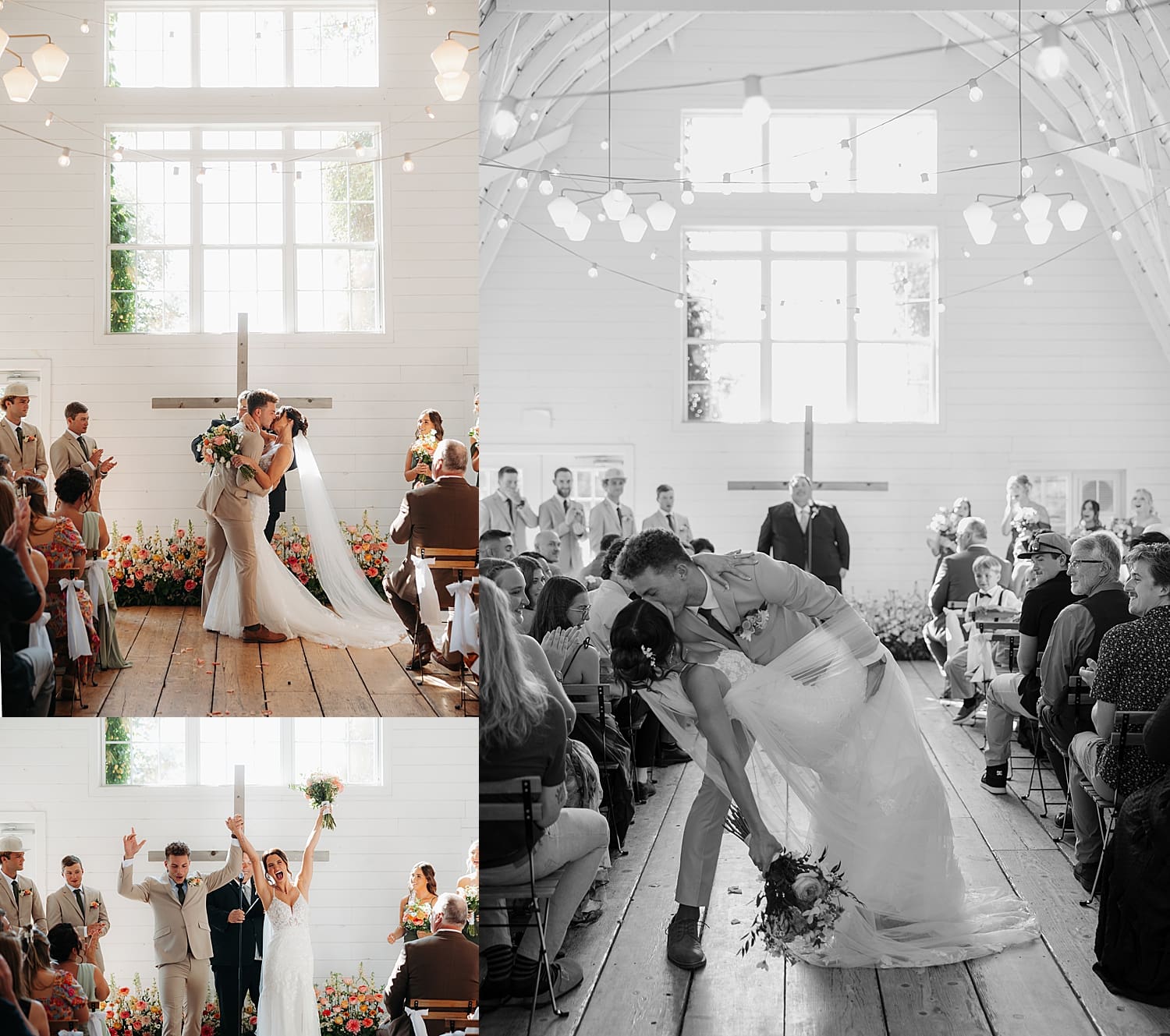 man and woman share a first kiss at the alter by Rose and Oak Photography
