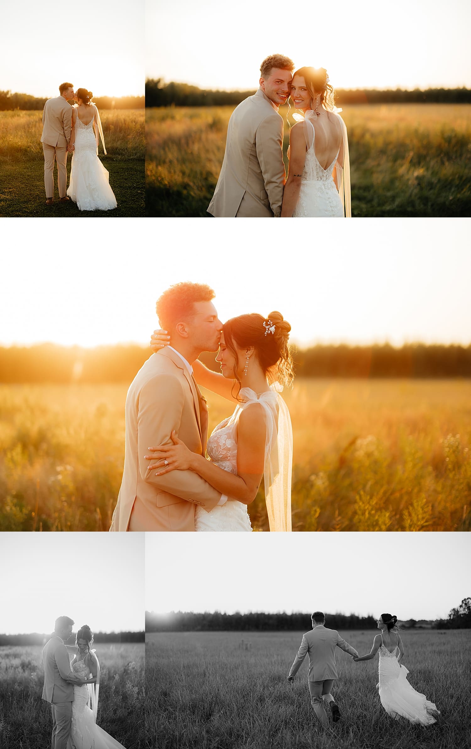 newlyweds frolic in the glowy golden hour light in field by Wisconsin wedding photographer