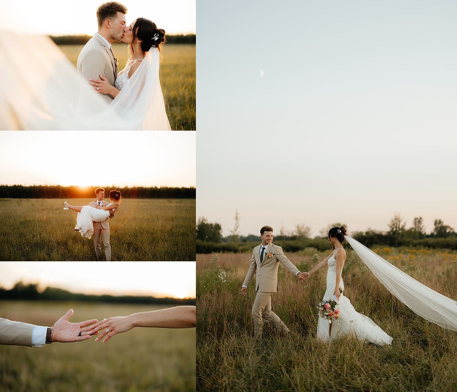 man and woman walk through a field at golden hour by Rose and Oak Photography