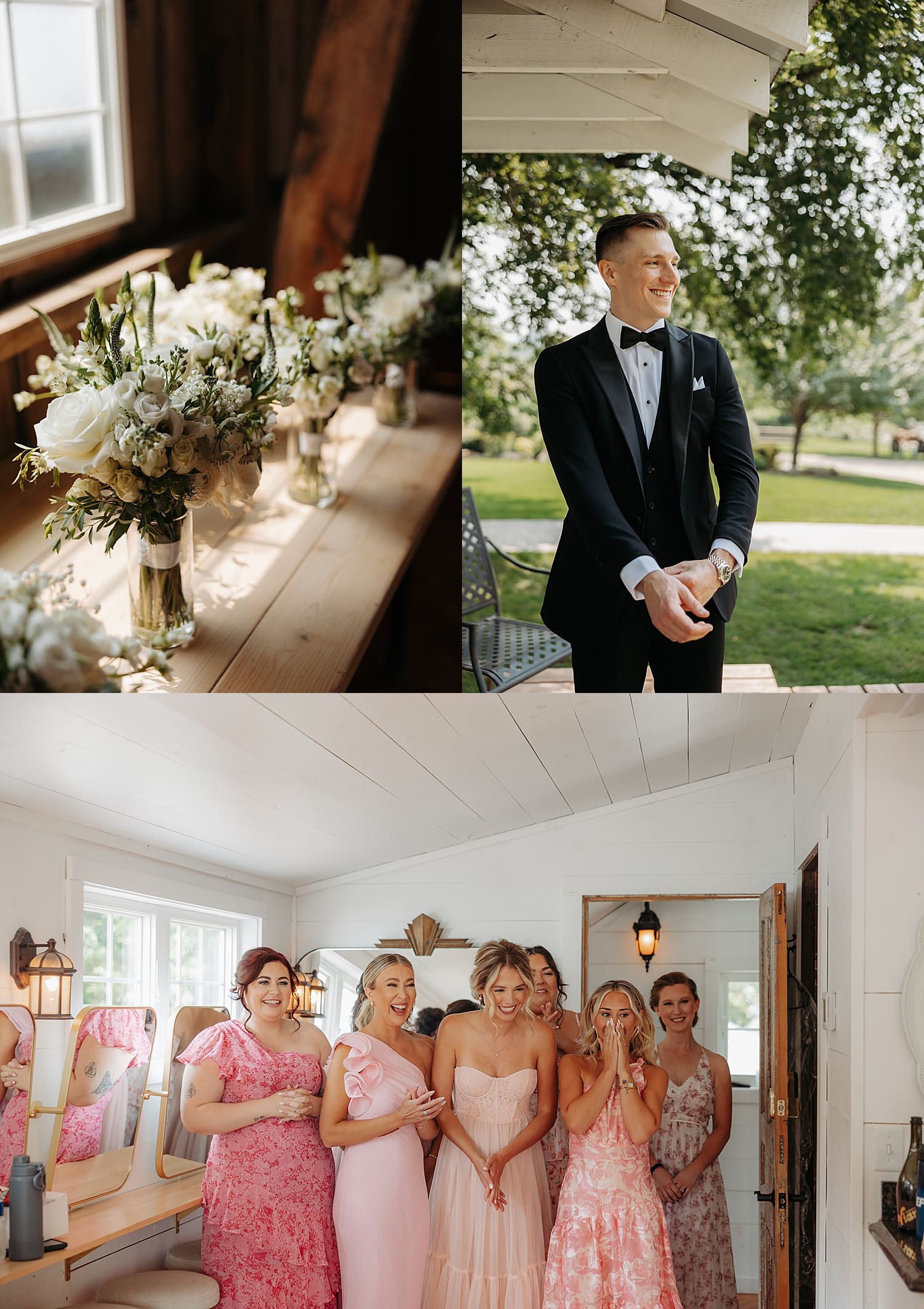 bridesmaids giggle in awe during first reveal with bride by Rose and Oak Photography