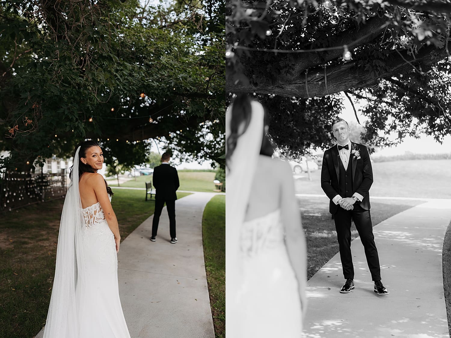 woman approaches man for first look outside for Summer garden party