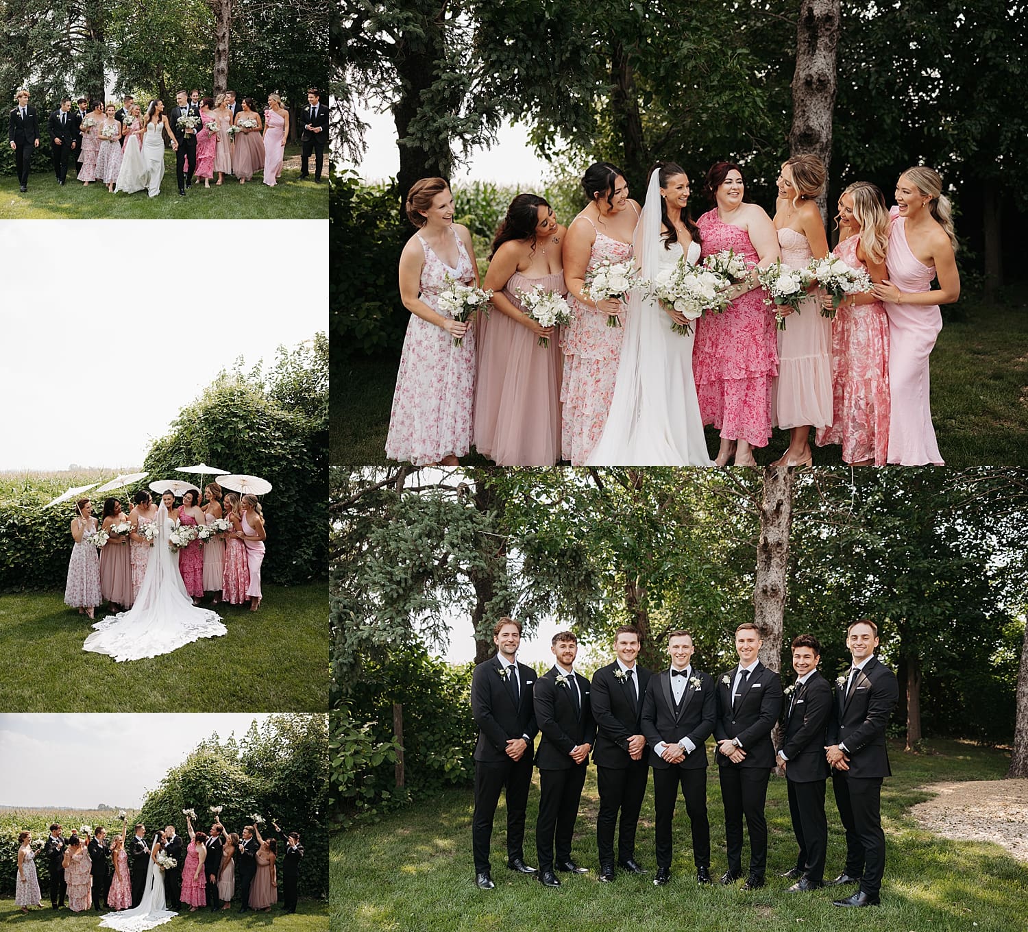 bridal party wearing different shades of pink stand in grass by Wisconsin wedding photographer