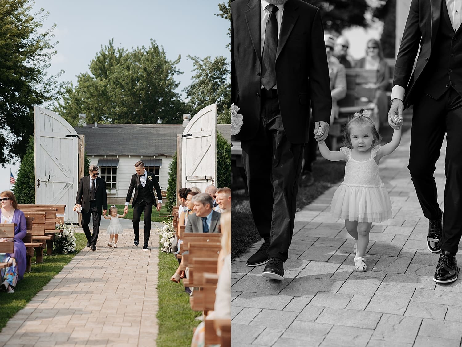 little girl walks down the aisle for outdoor ceremony for Summer garden party