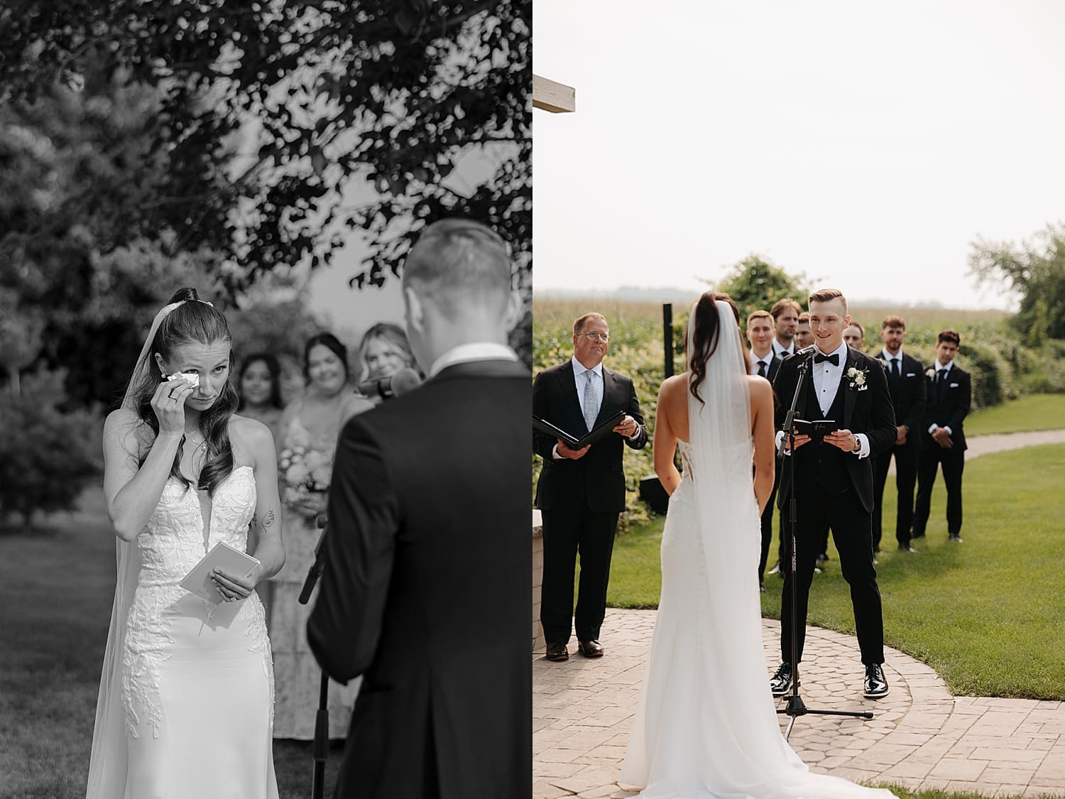 bride and groom stand at alter in front of cross for Summer garden party