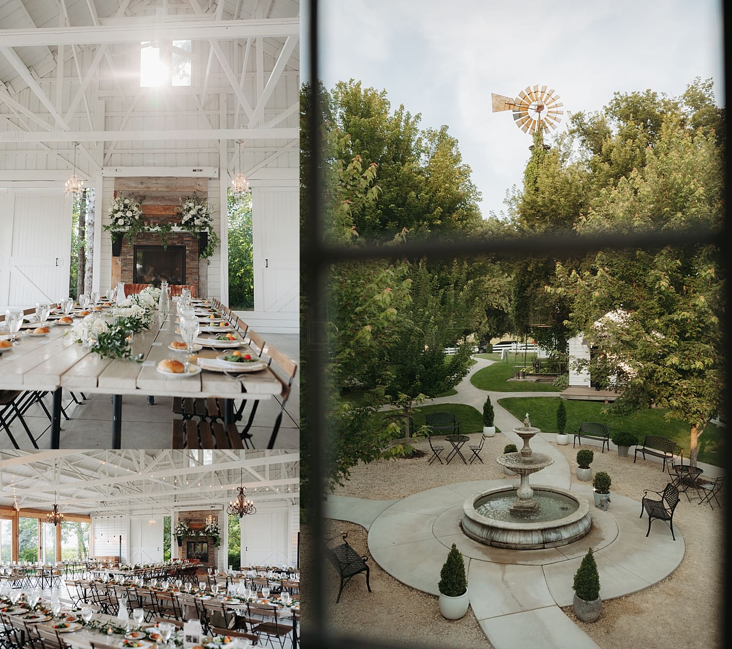 large reception set up in white barn for Summer garden party