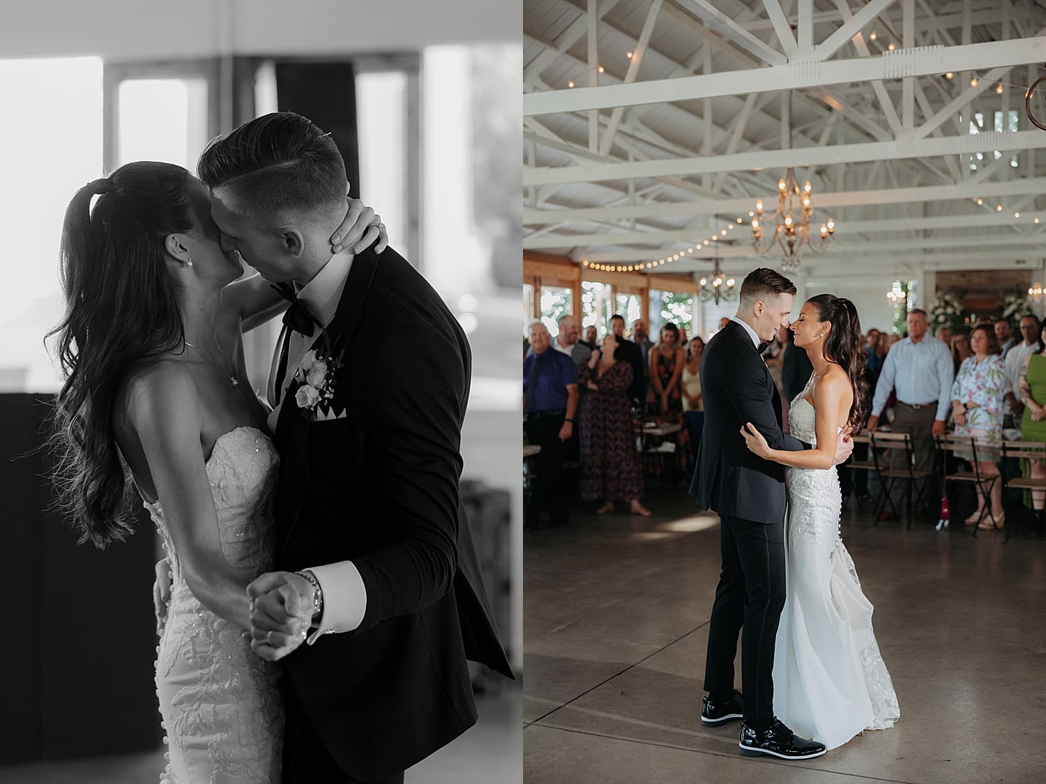 husband and wife share a first dance at their barn reception by Rose and Oak Photography