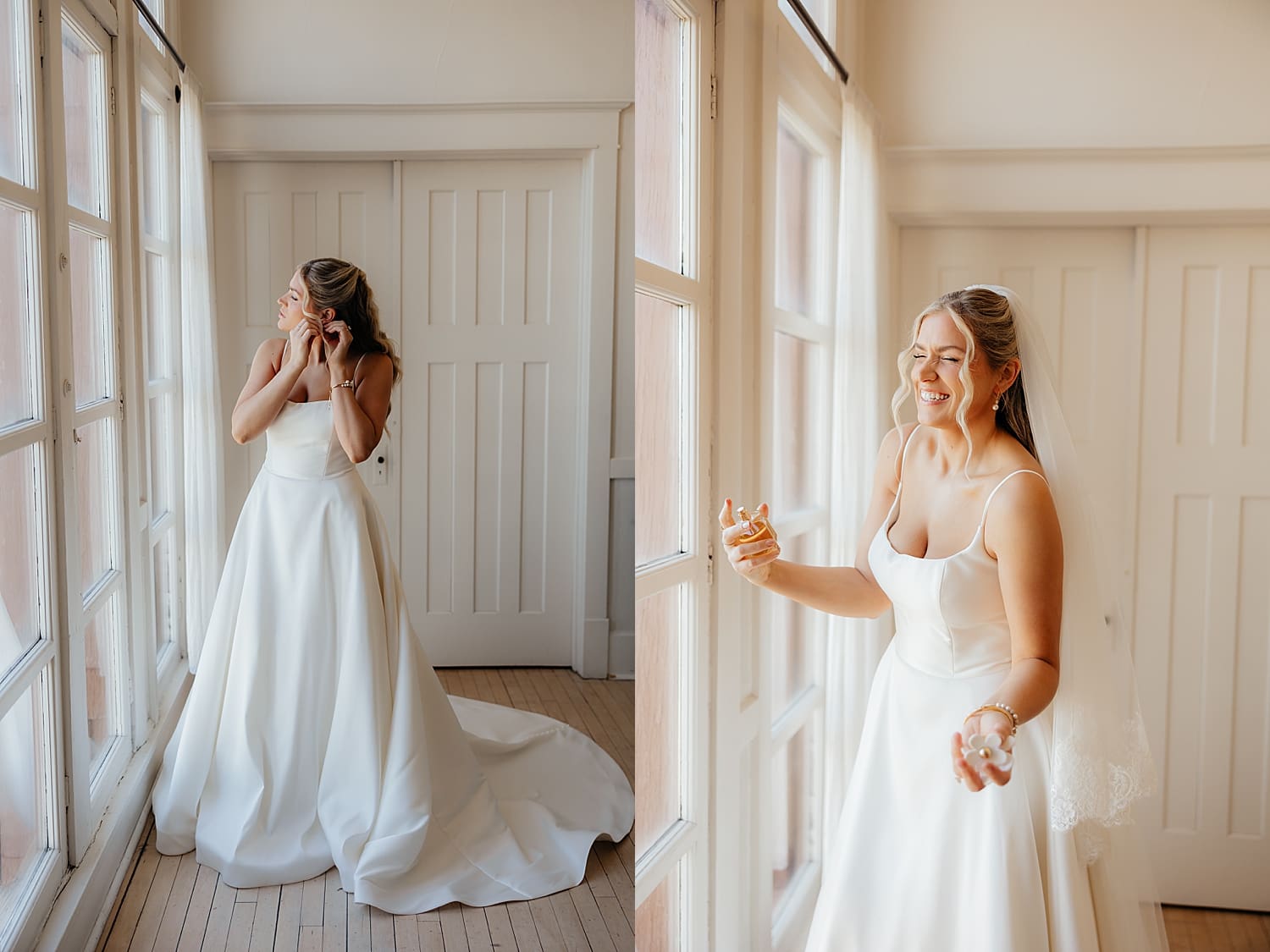 bride sprays perfume on by the window by Wisconsin photographer