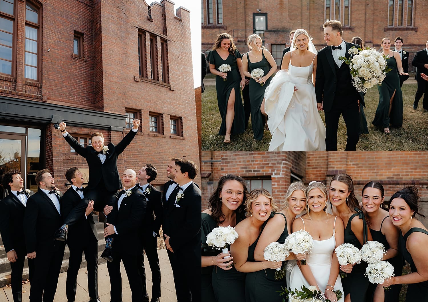 newlywed couple celebrates with their bridal party outside after the 5 things to ask your wedding photographer