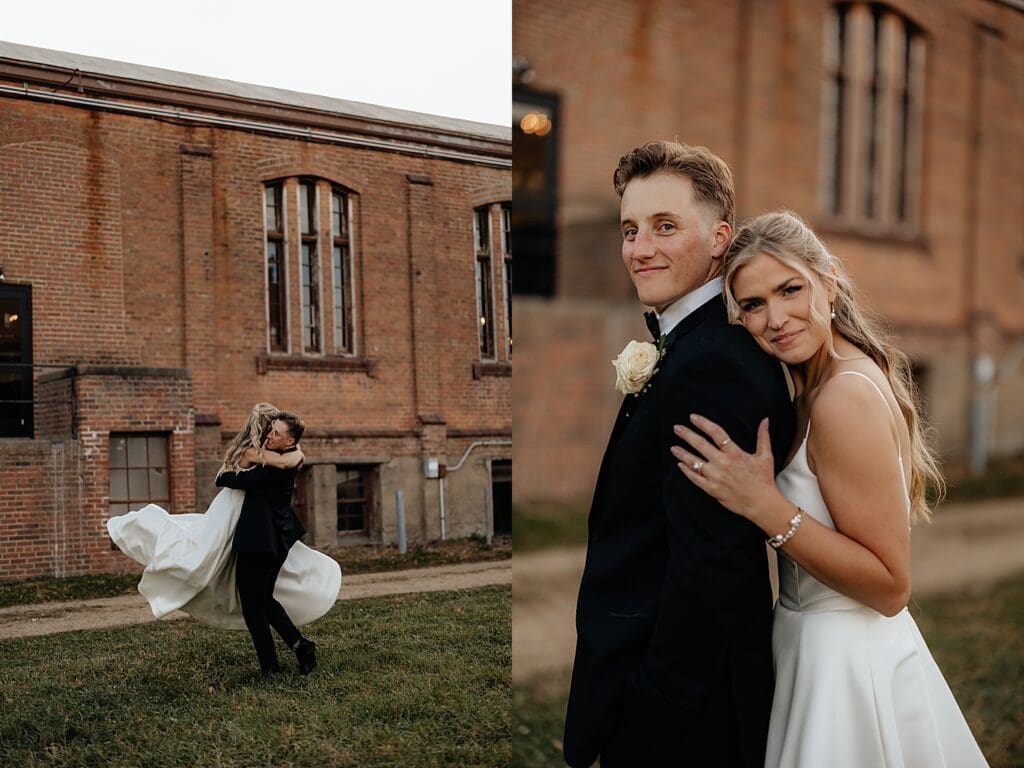 newlyweds twirl outside old brick building by Rose and Oak Photography