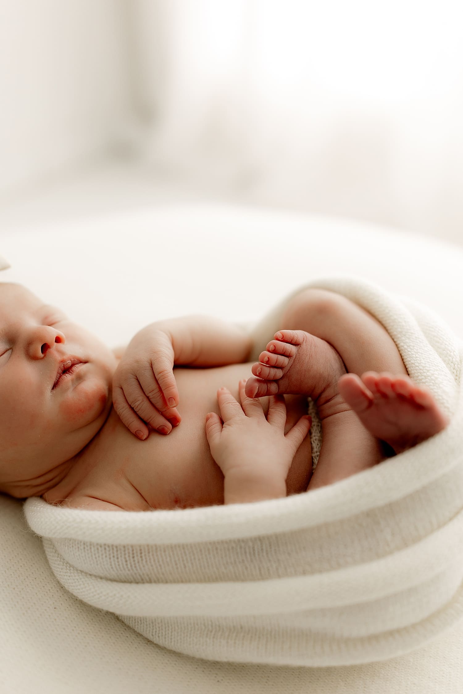 new baby's toes and hands, all wrapped in white for studio newborn session