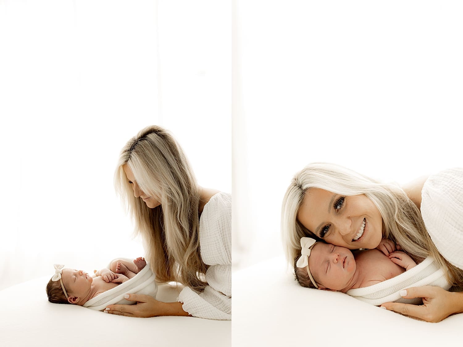 mom lies next to her baby on bed by Wisconsin family photographer