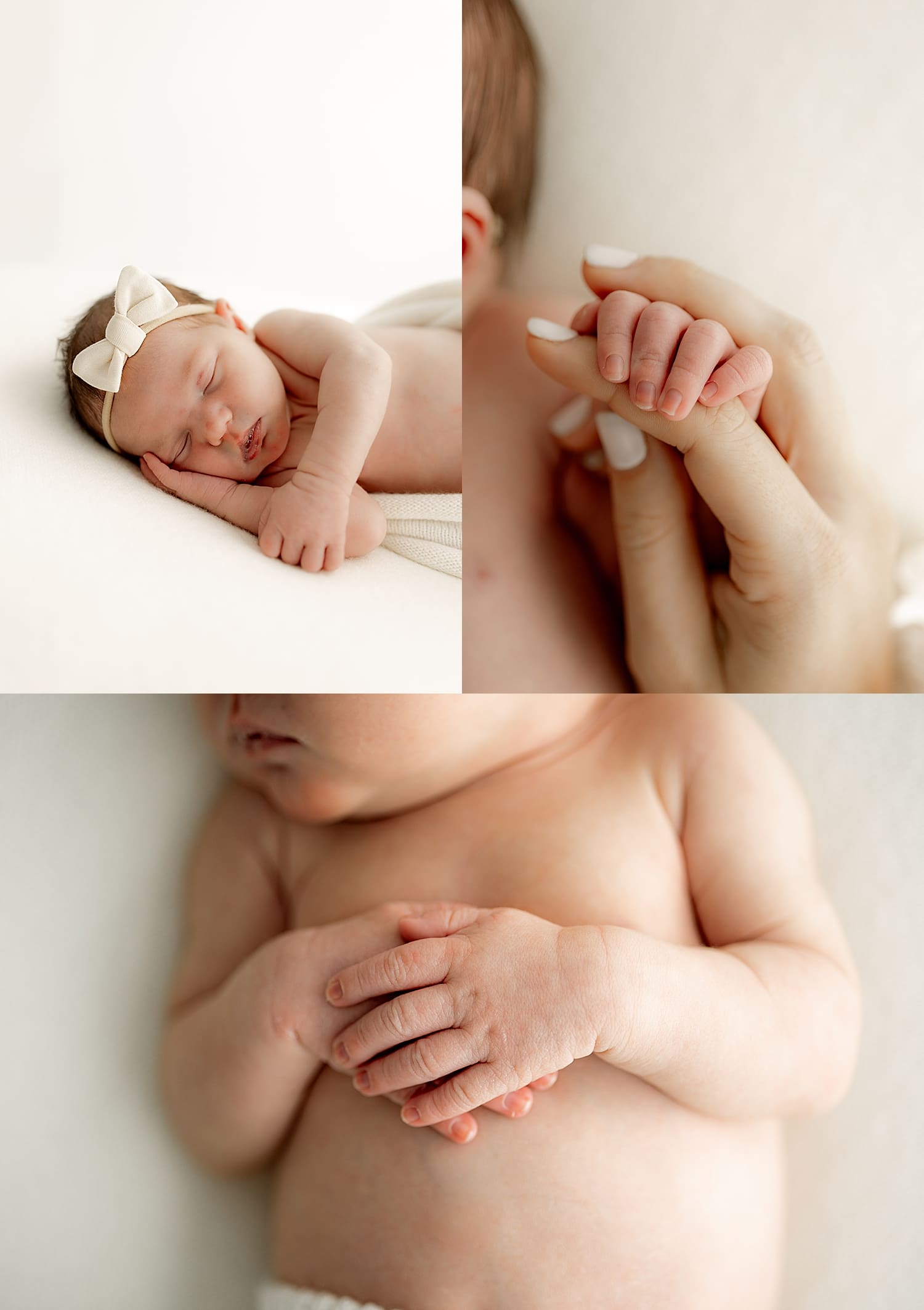 infant holds hands on bare chest for studio newborn session