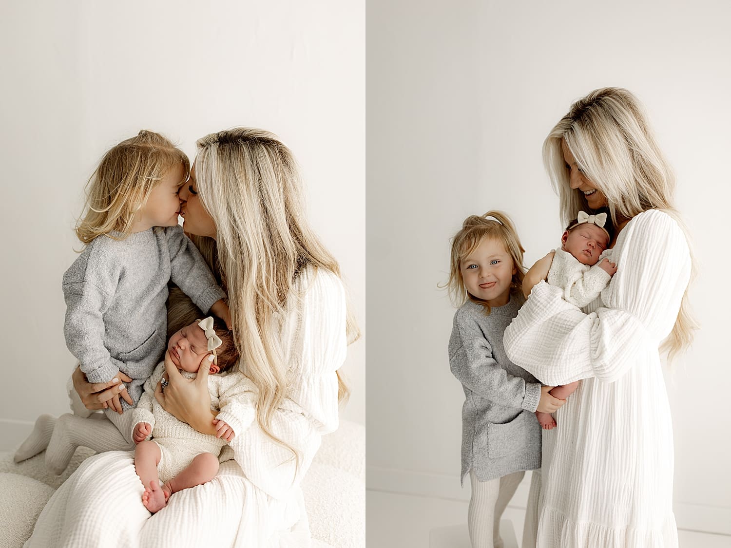 blonde woman holds toddler and baby by Wisconsin family photographer