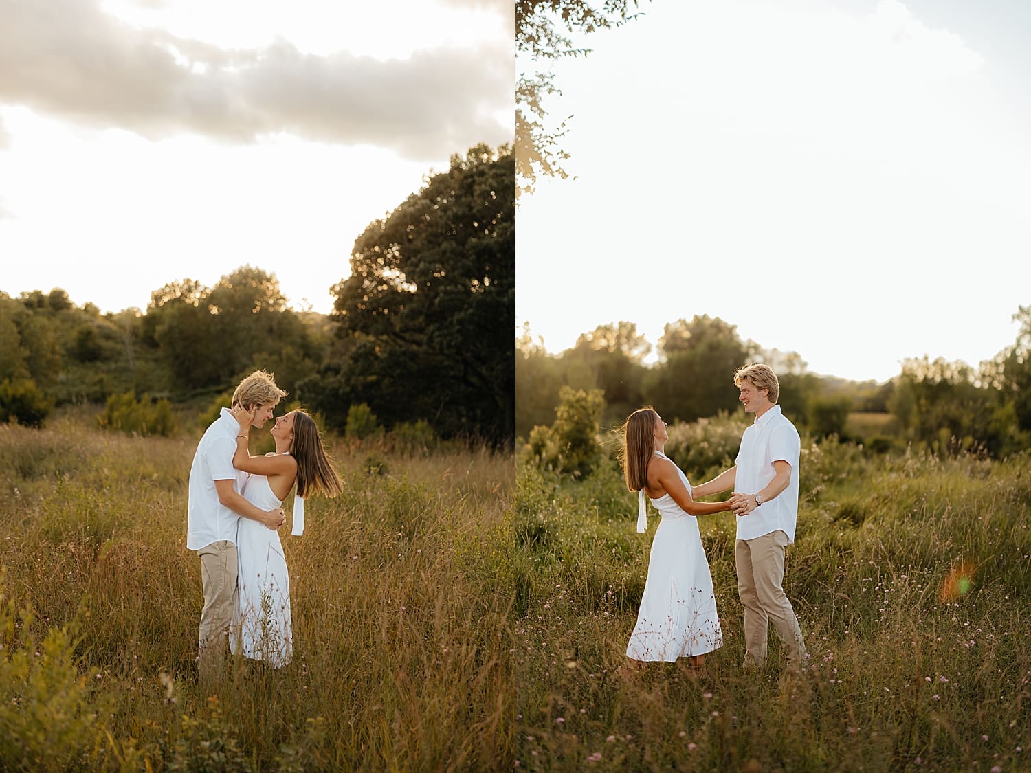 blonde couple dances during golde hour showing what to wear for your engagement session