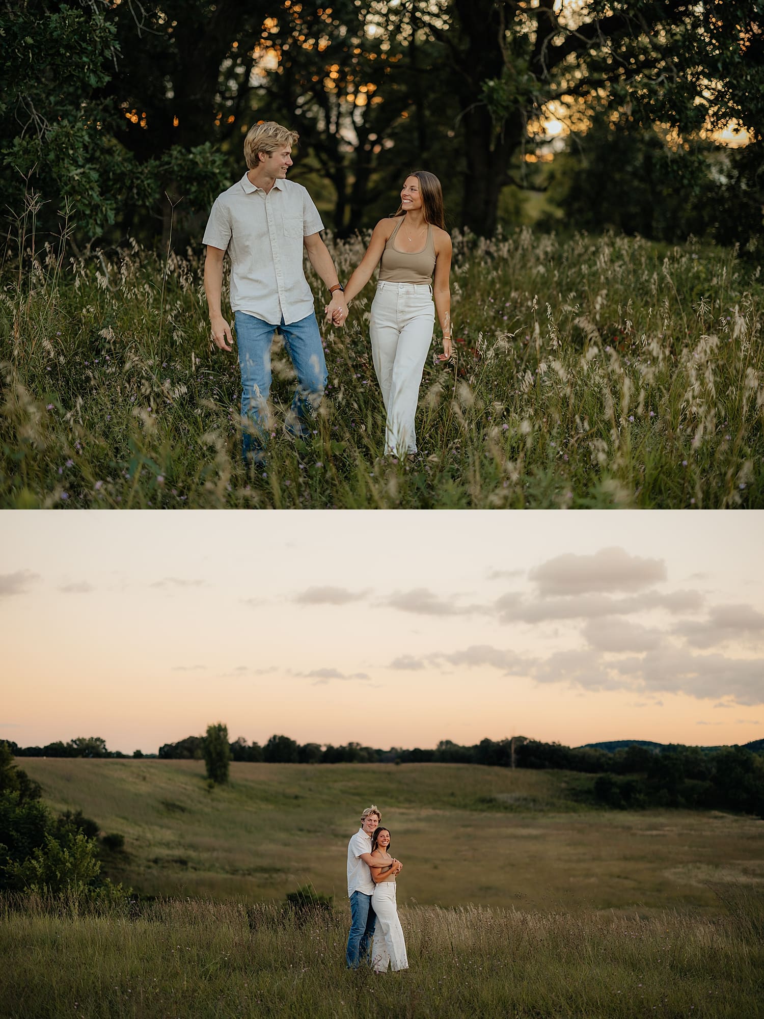 man and woman in neutral clothes in a field by Rose and Oak Photography
