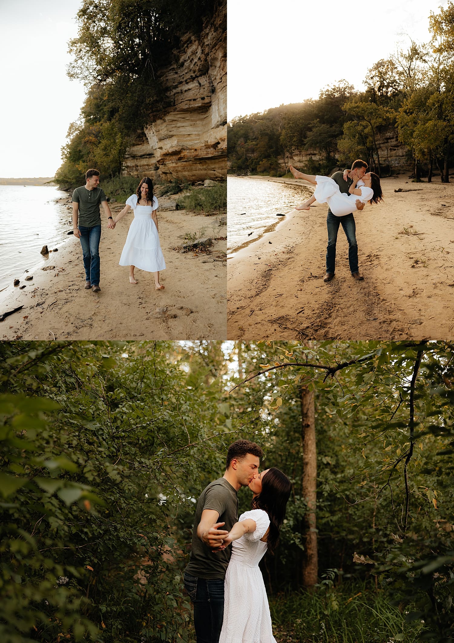 man and woman walk on beach showing what to wear for your engagement session