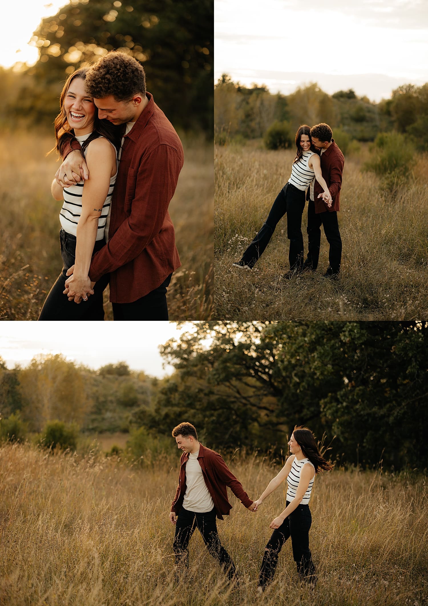 woman in striped shirt shows what to wear for your engagement session