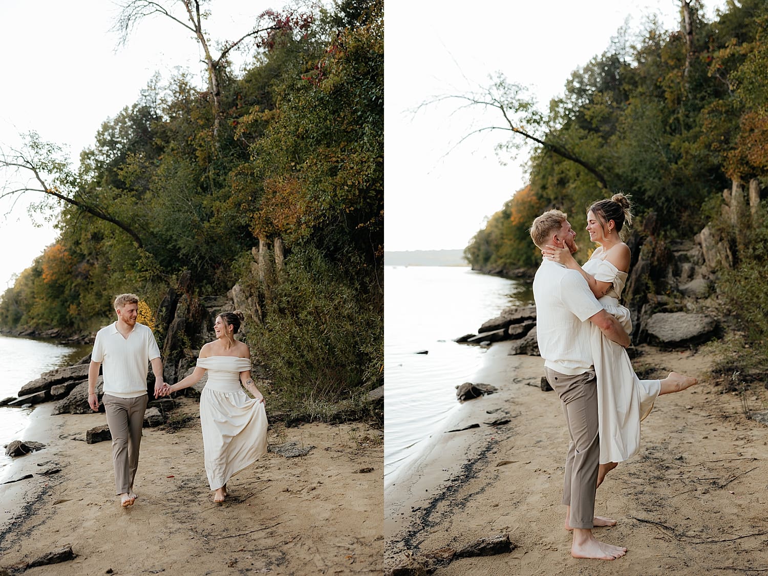 woman in white dress and man in neutral clothes kiss by Rose and Oak Photography