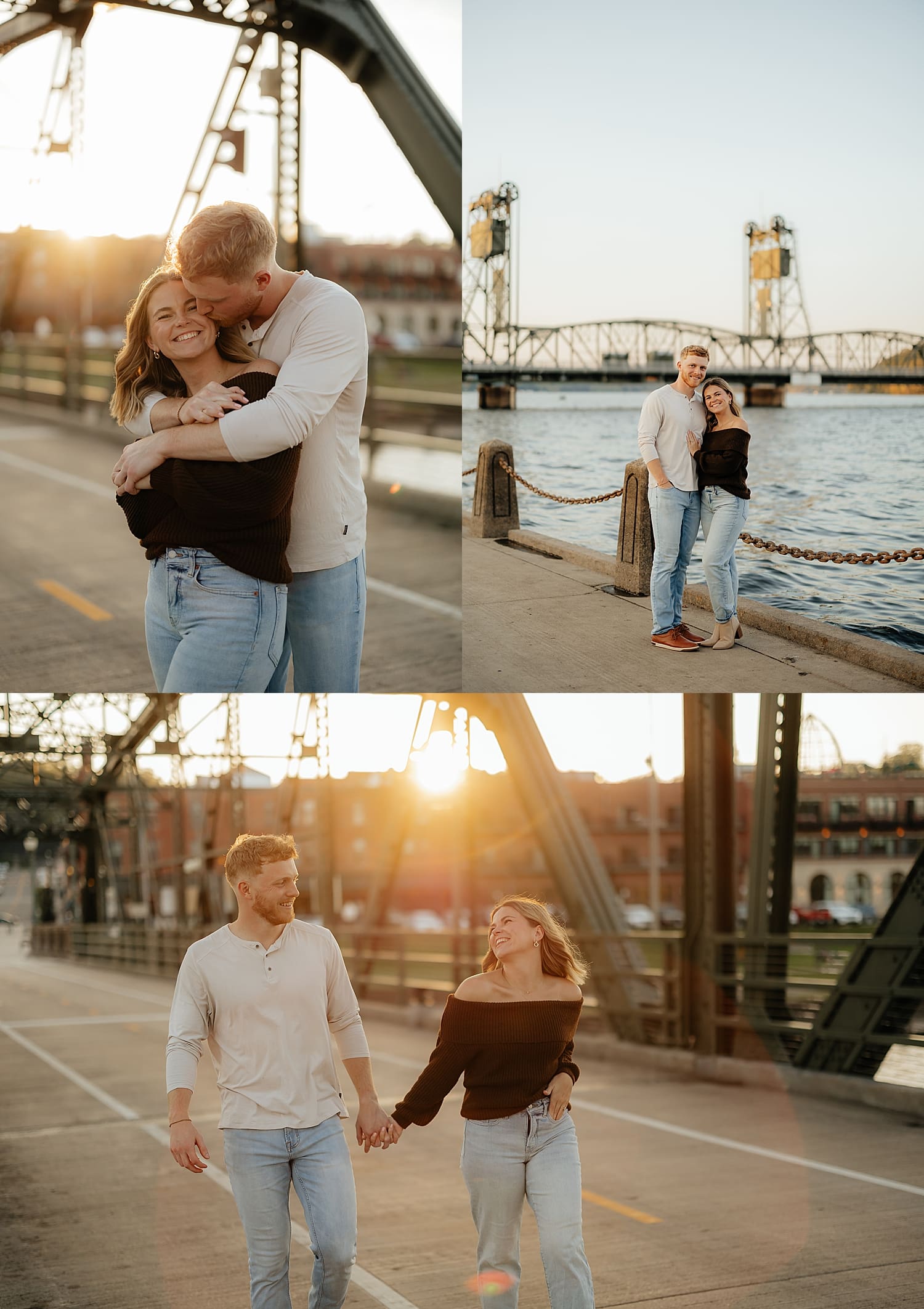 fiances walk across bridge together by Wisconsin wedding photographer