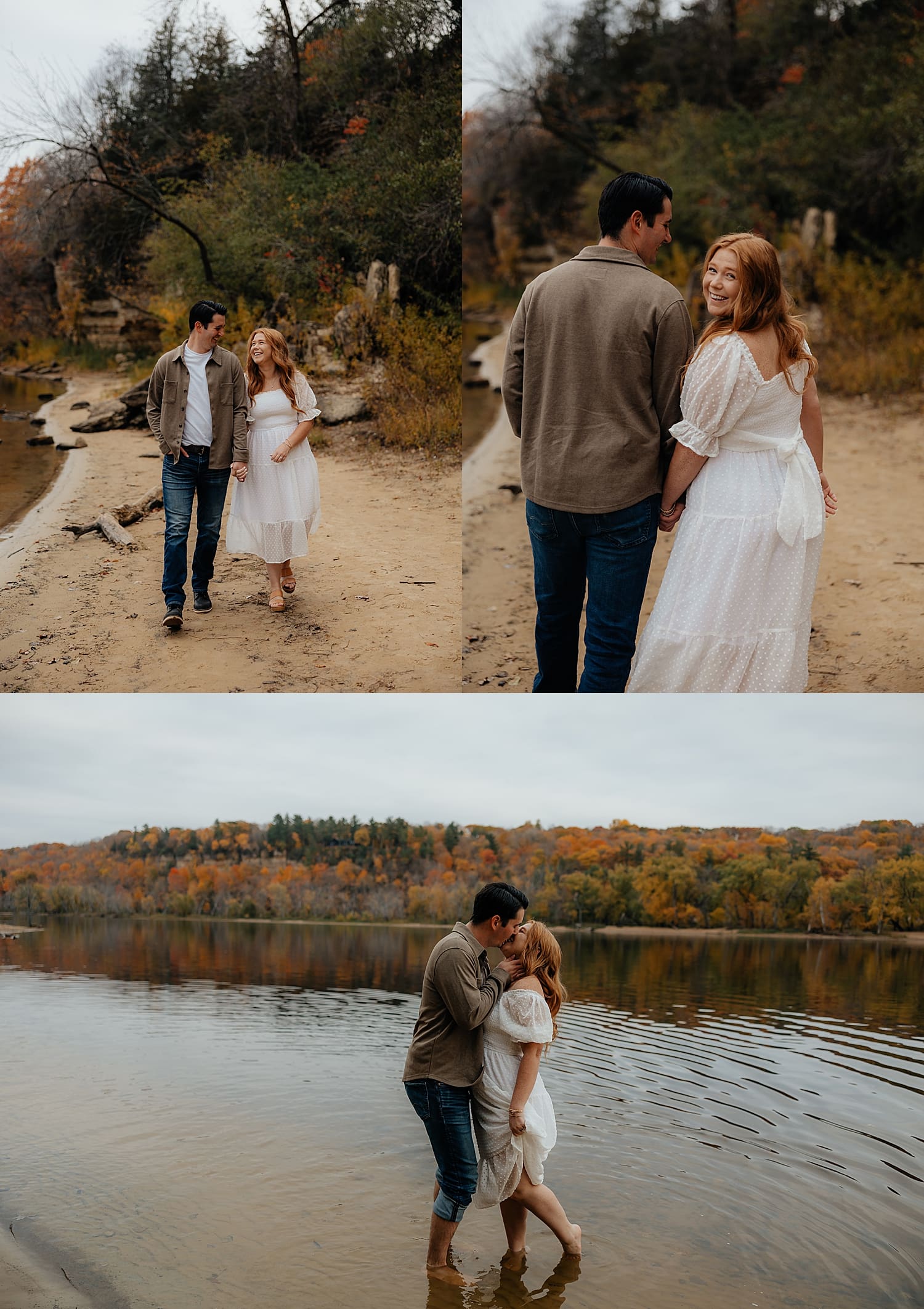 redhead in white dress walks with fiance on beach by Wisconsin wedding photographer