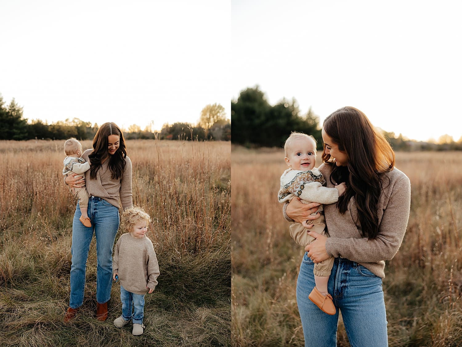 brunette snuggles her baby outside in field by Wisconsin photographer