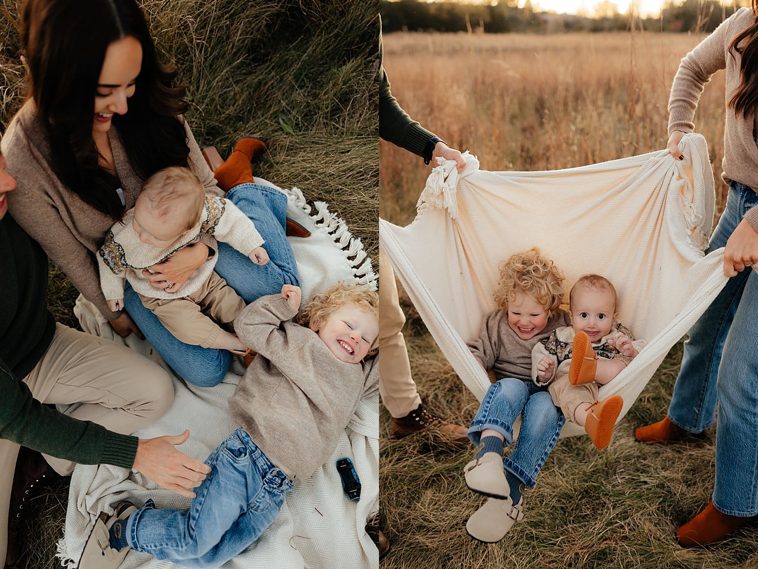parents rock kids in blanket outside by Wisconsin photographer