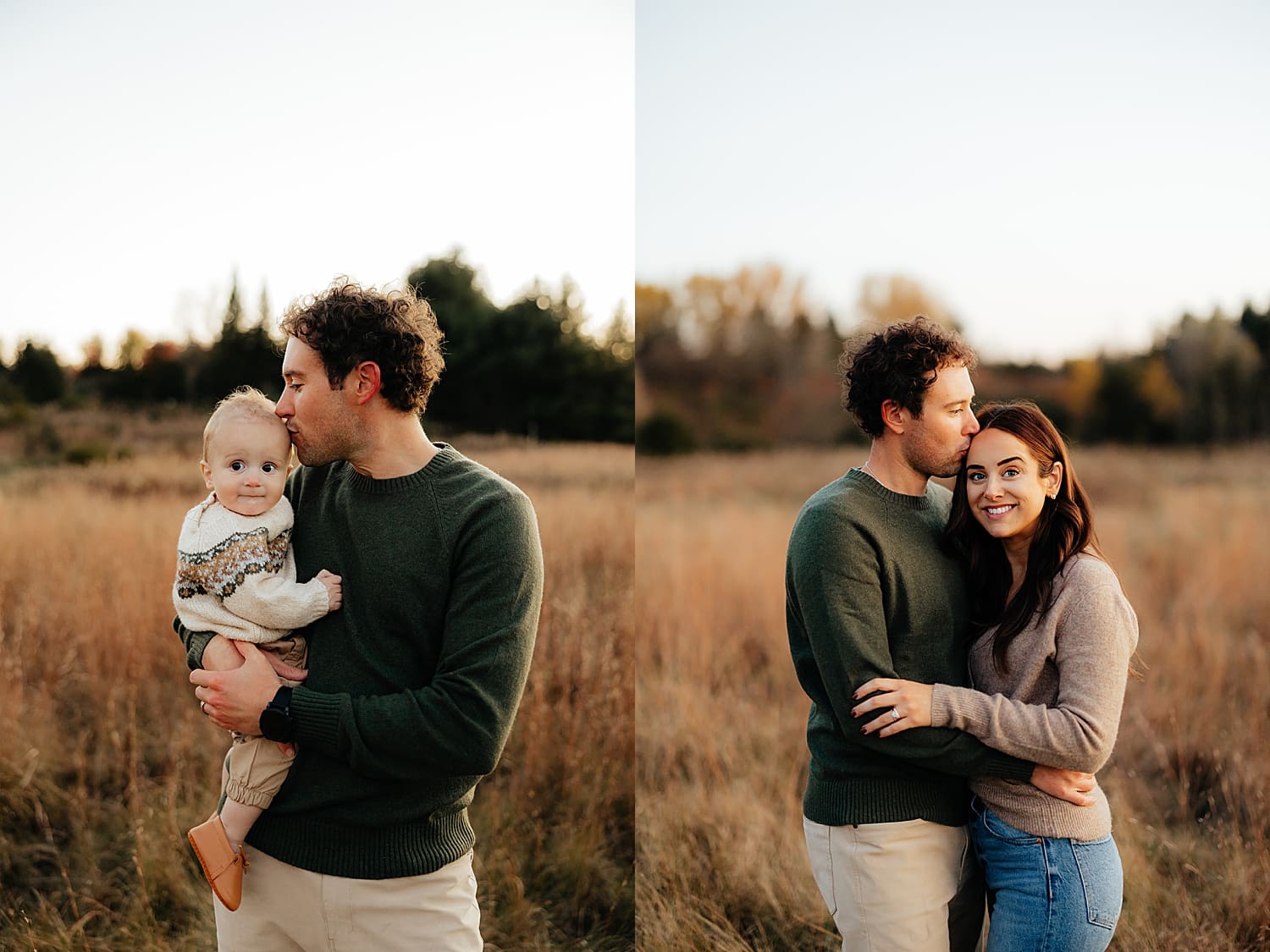mom and dad share a kiss in field for documentary style family session