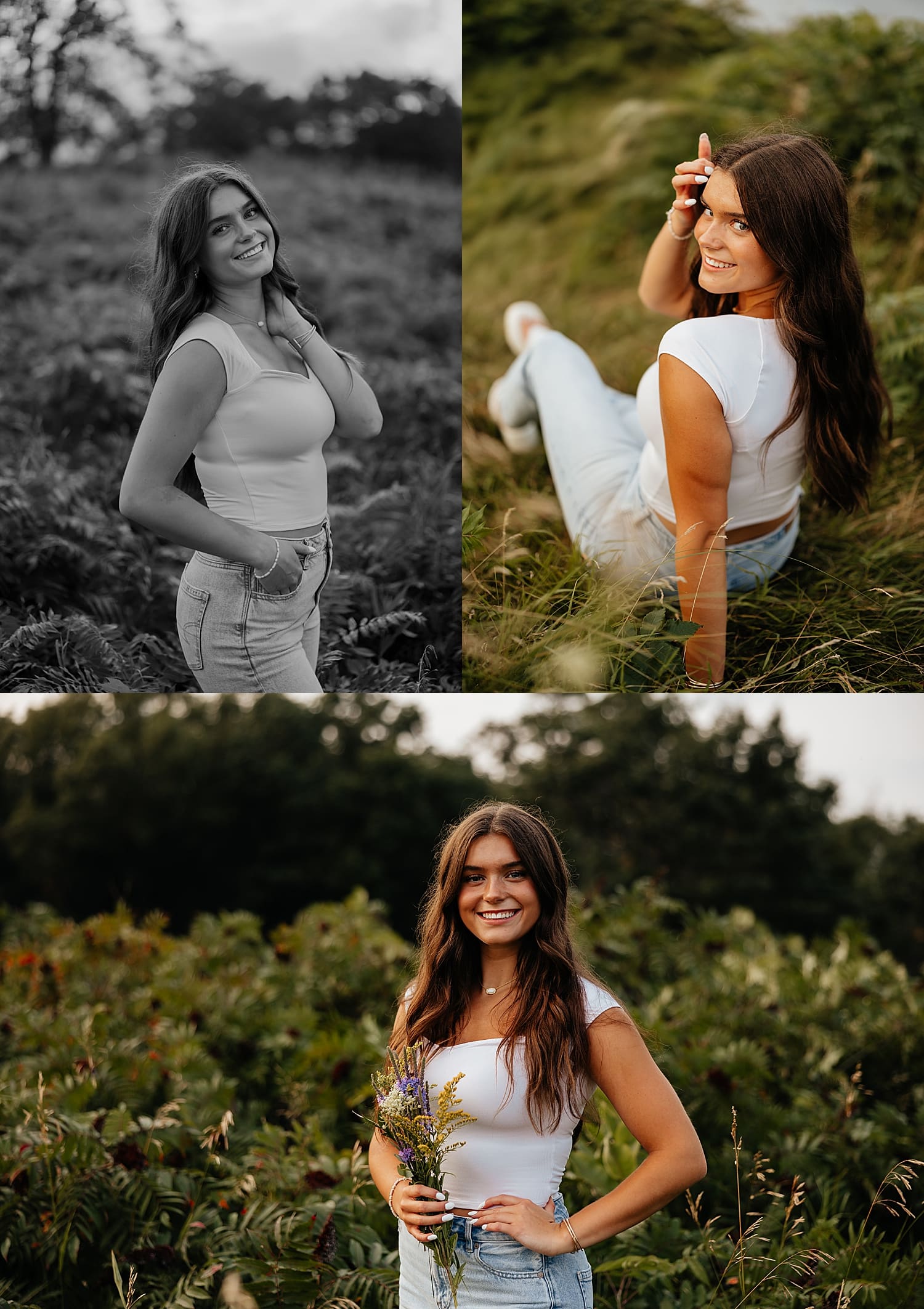 brunette sits in grass for golden hour senior session