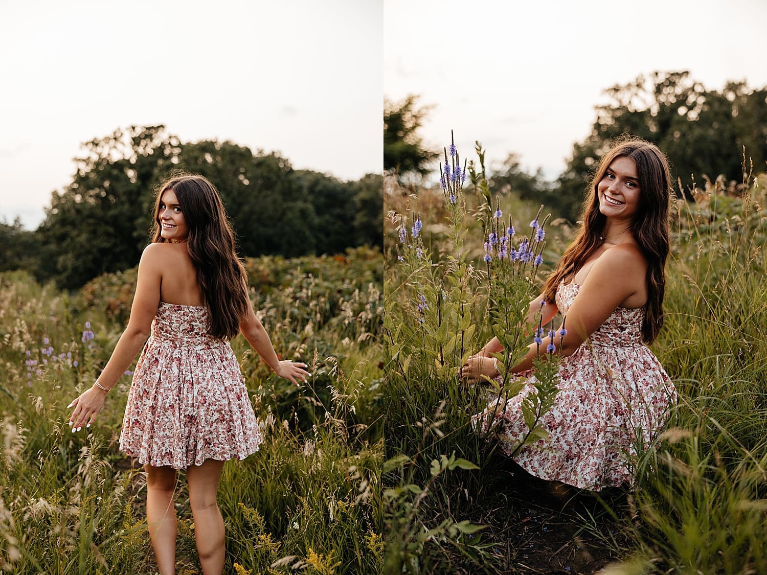 model wanders through purple flowers in field by Wisconsin photographer