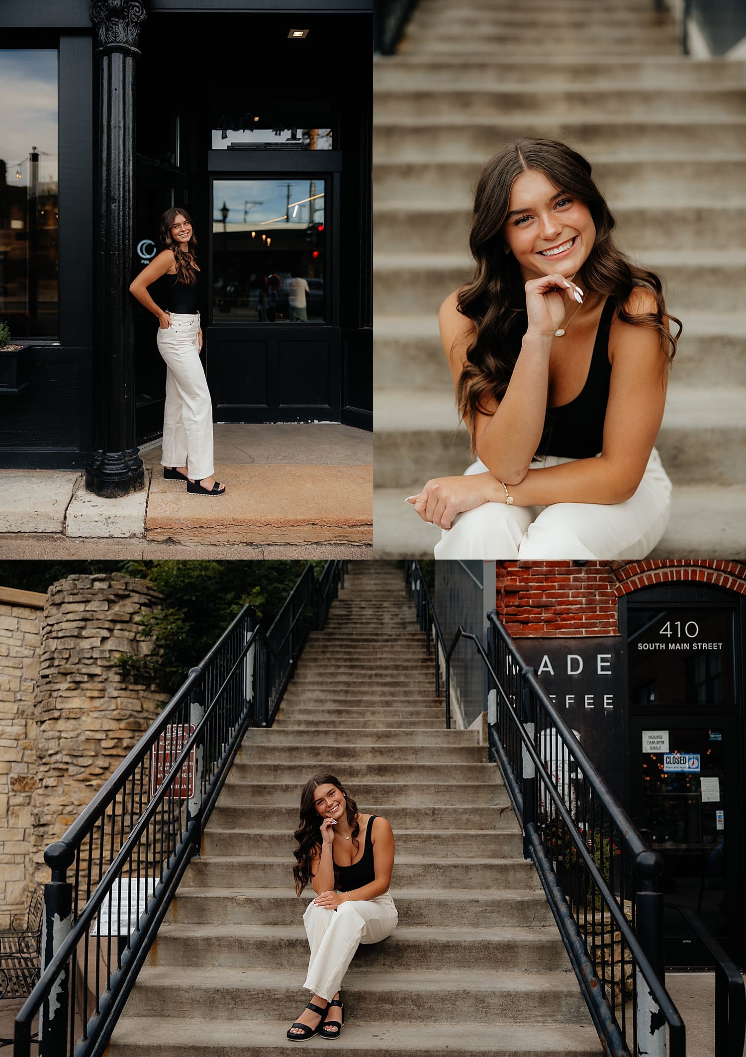 brunette sits on steps in city by Wisconsin photographer