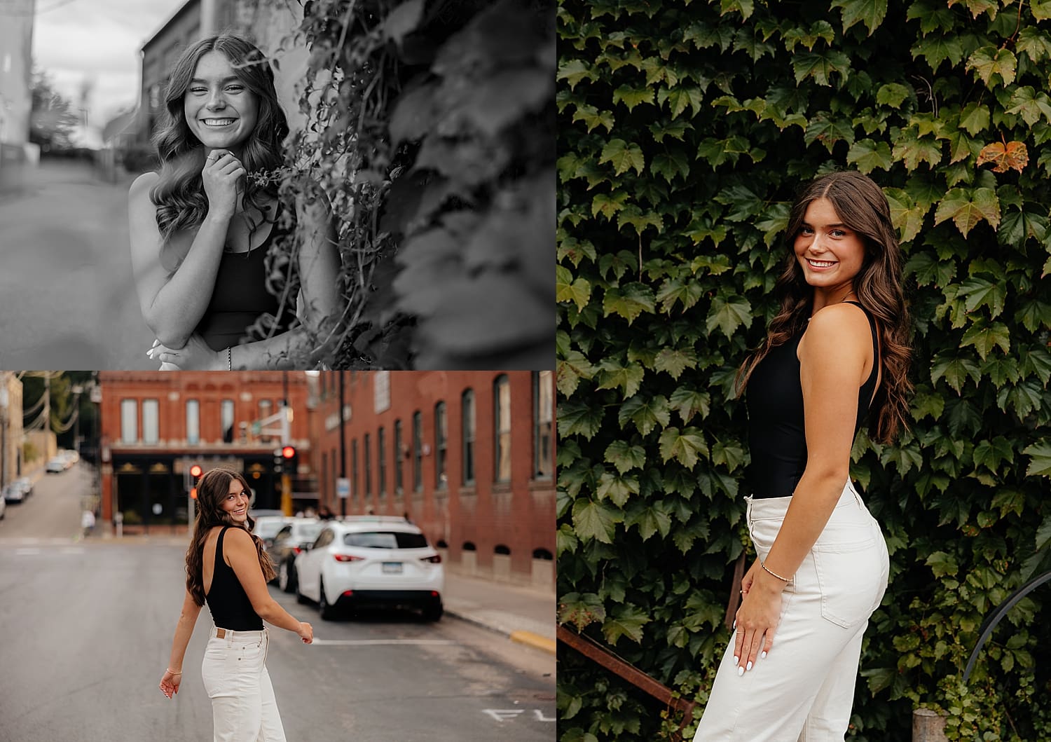 model stands in front of ivy wall by Wisconsin photographer