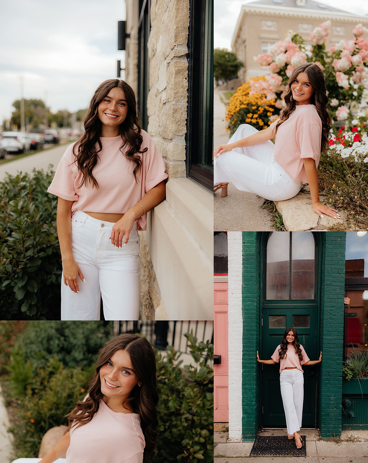 model in pink tee and white pans sits on curb for golden hour senior session