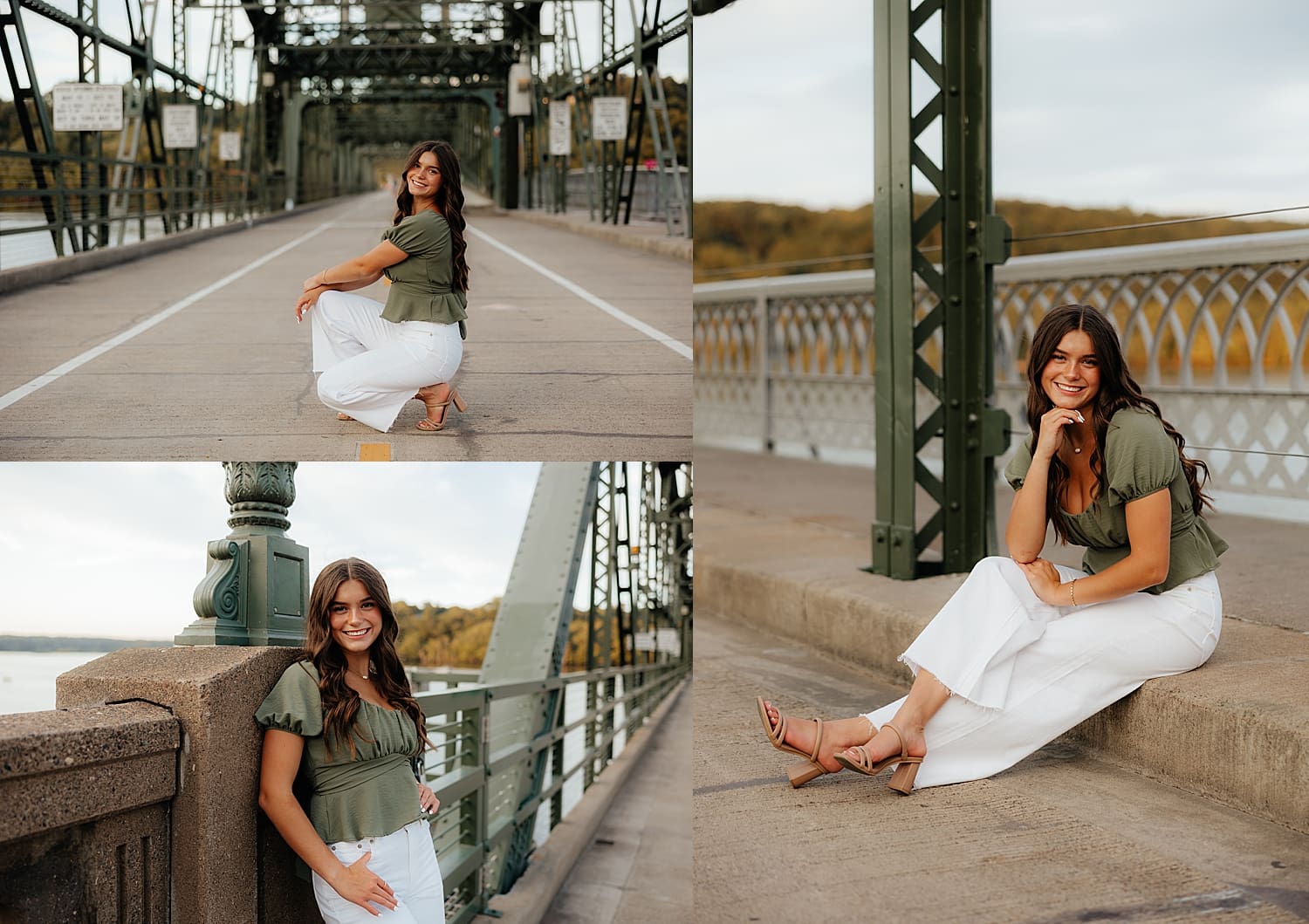brunette kneels on bridge over water for golden hour senior session