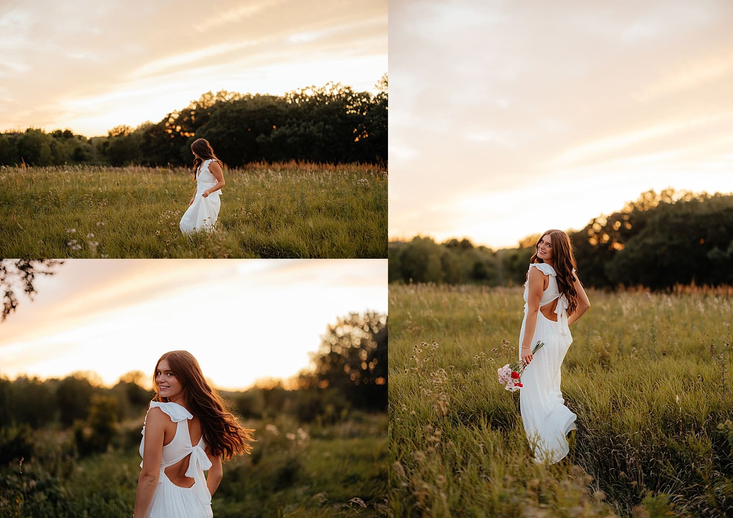 model runs through field in fading summer light by Rose and Oak Photography