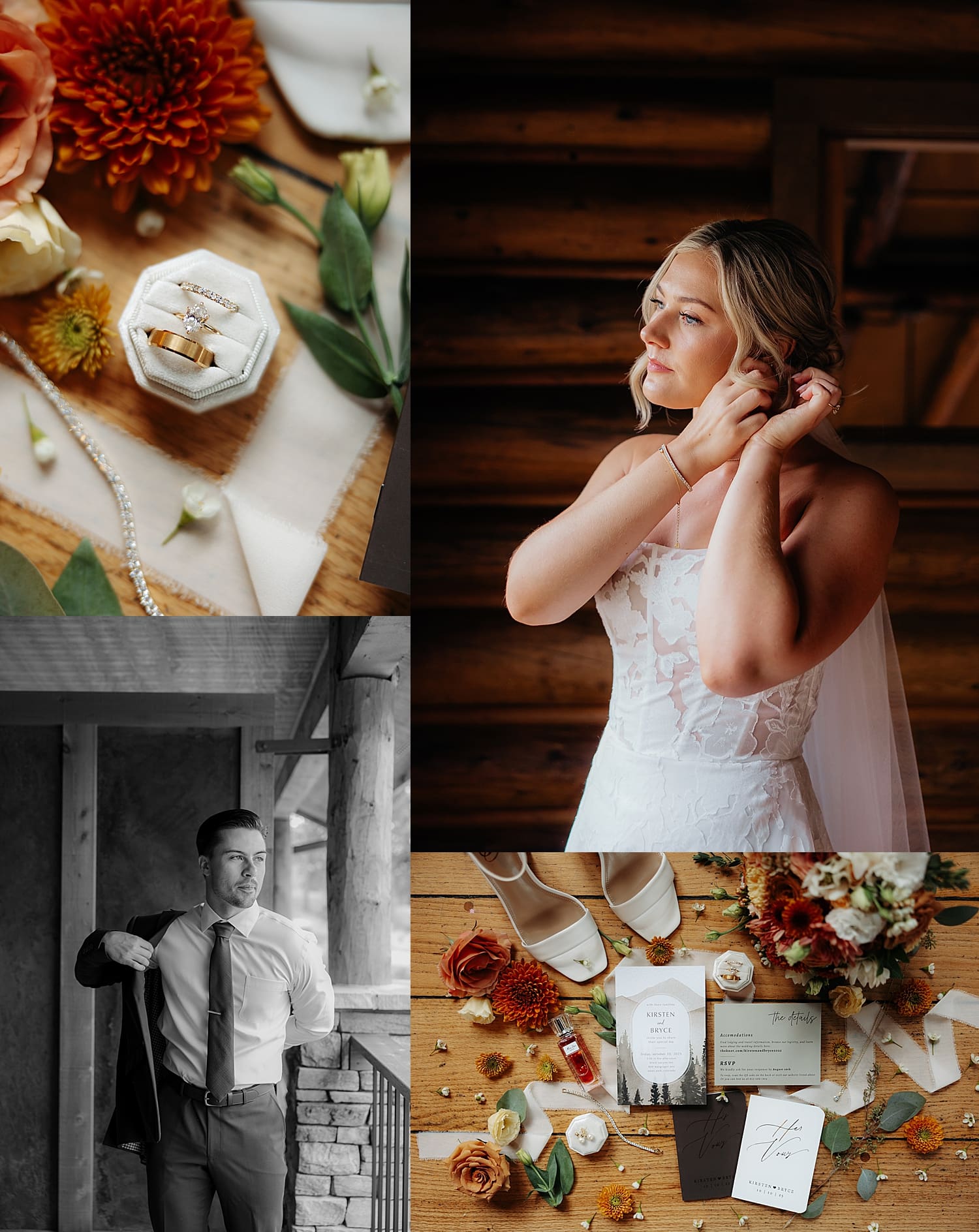 Bride and groom get ready in cabin before laid-back celebration at Estes Park