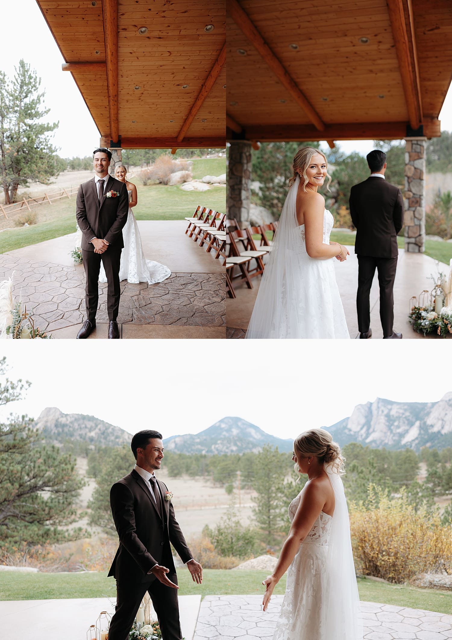 groom waits for bride to approach for outdoor first look by Rose and Oak Photography