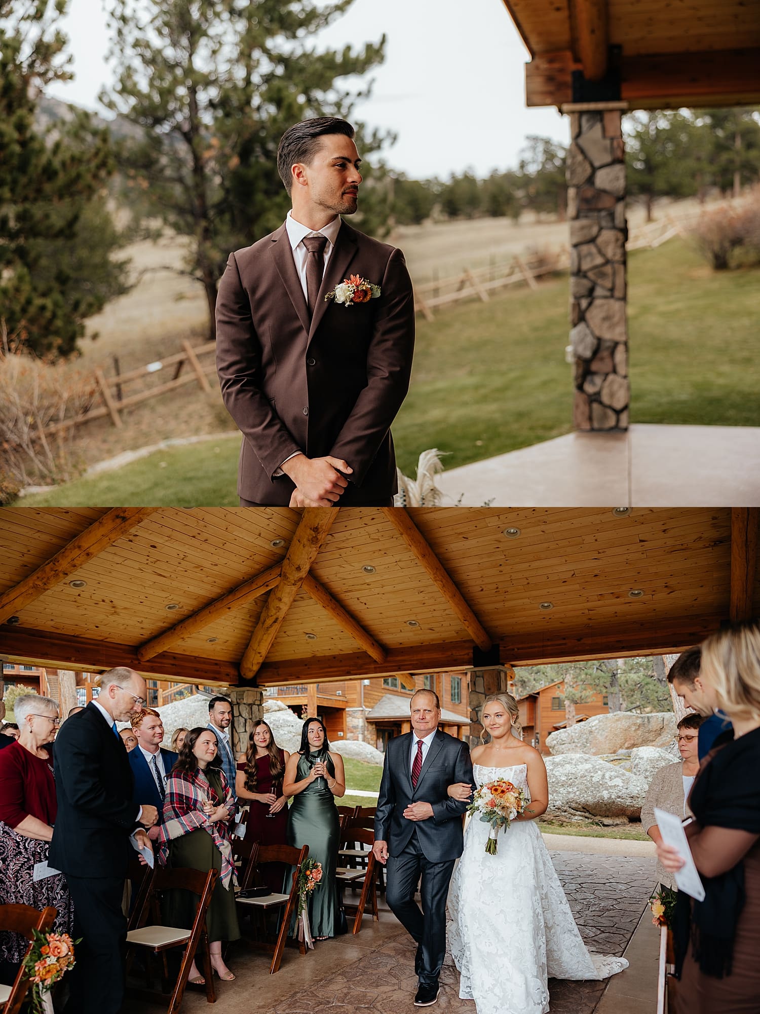groom watches bride walk down the aisle for outdoor ceremony by Wisconsin wedding photographer