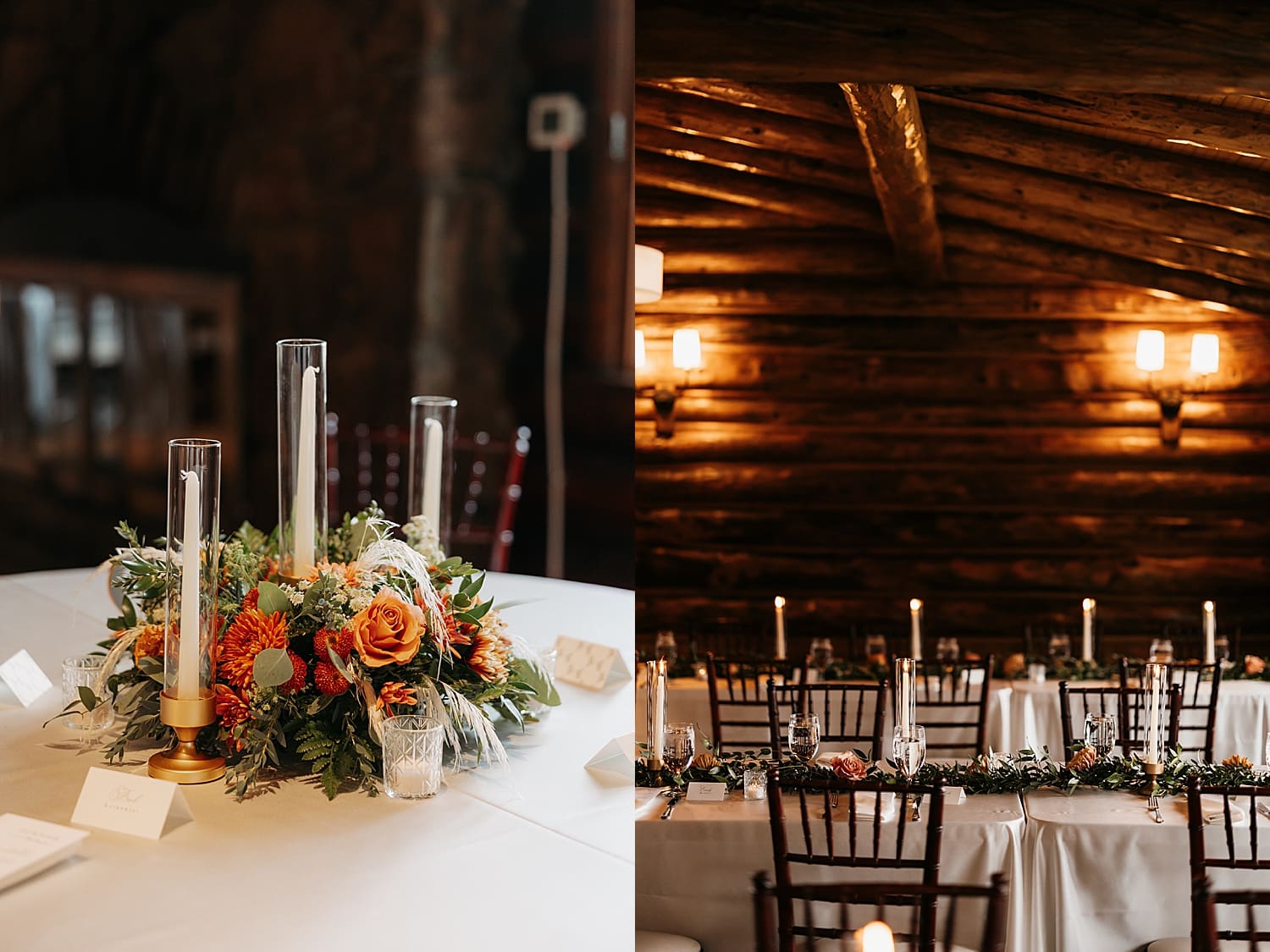 rows of table in candlelight for reception by Wisconsin wedding photographer