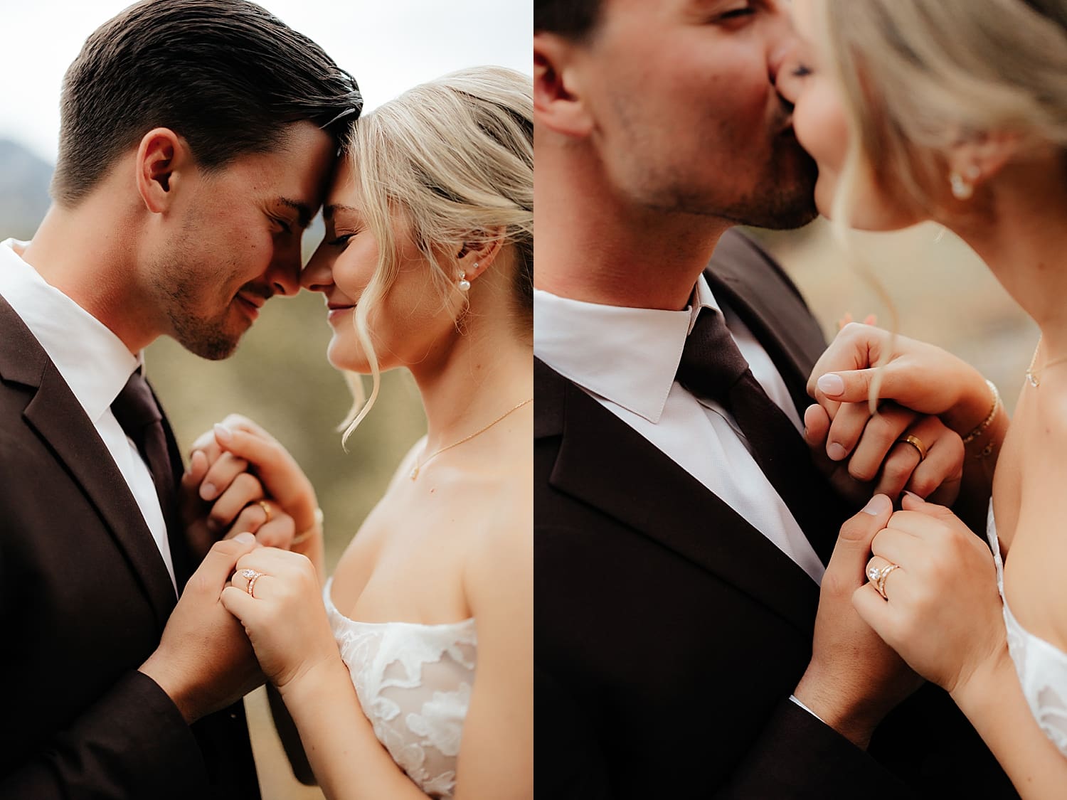 newlyweds lean in close and snuggle noses by Rose and Oak Photography