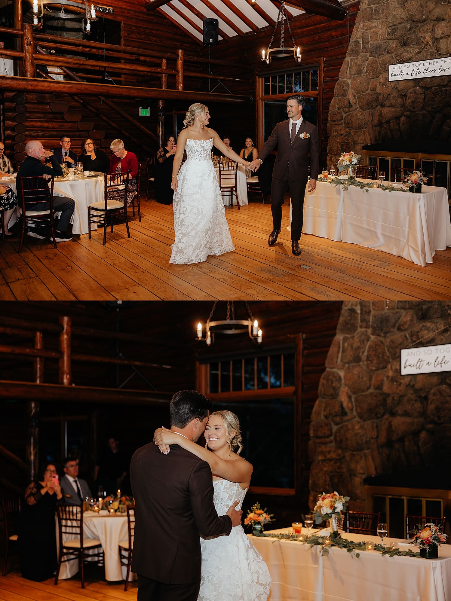 man and woman share a first dance at reception at laid-back celebration at Estes Park