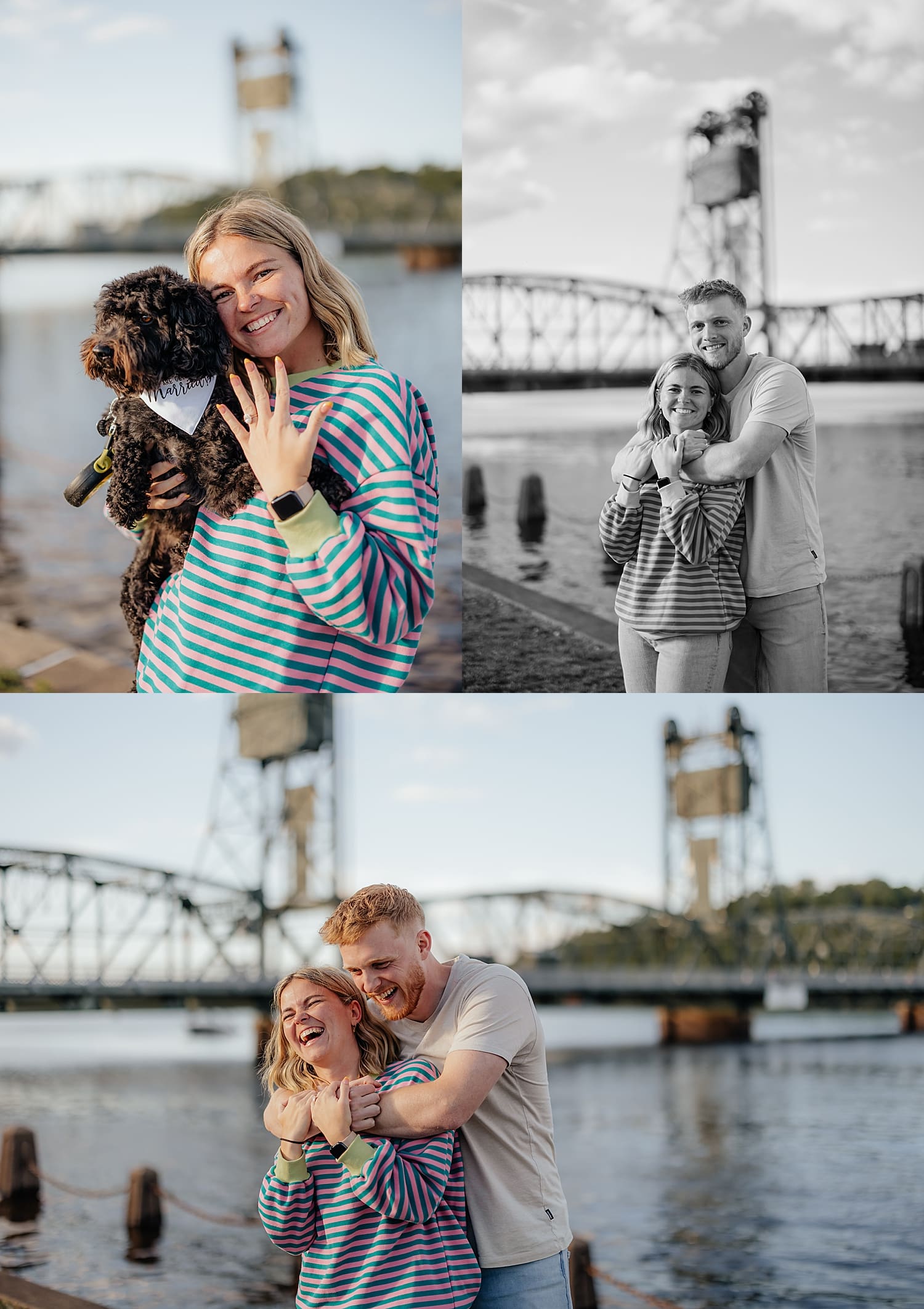 new fiance holds up her pup to show off her diamond ring for waterfront proposal