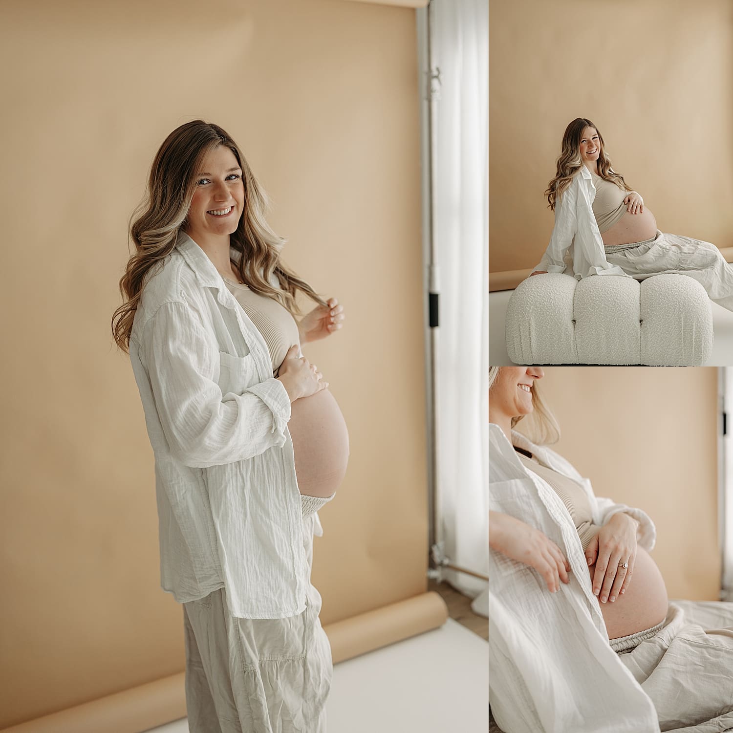 mama places hand on her bump for classic studio maternity session