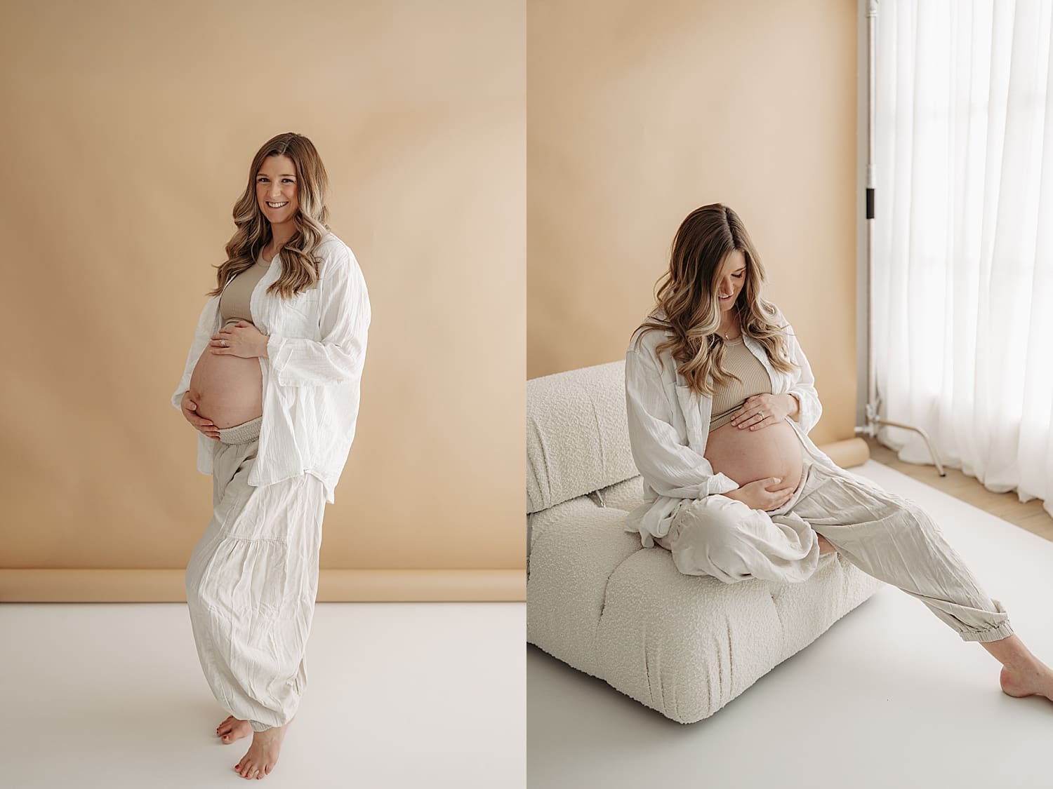 mama cradles her bump while sitting in white chair by Wisconsin family photographer