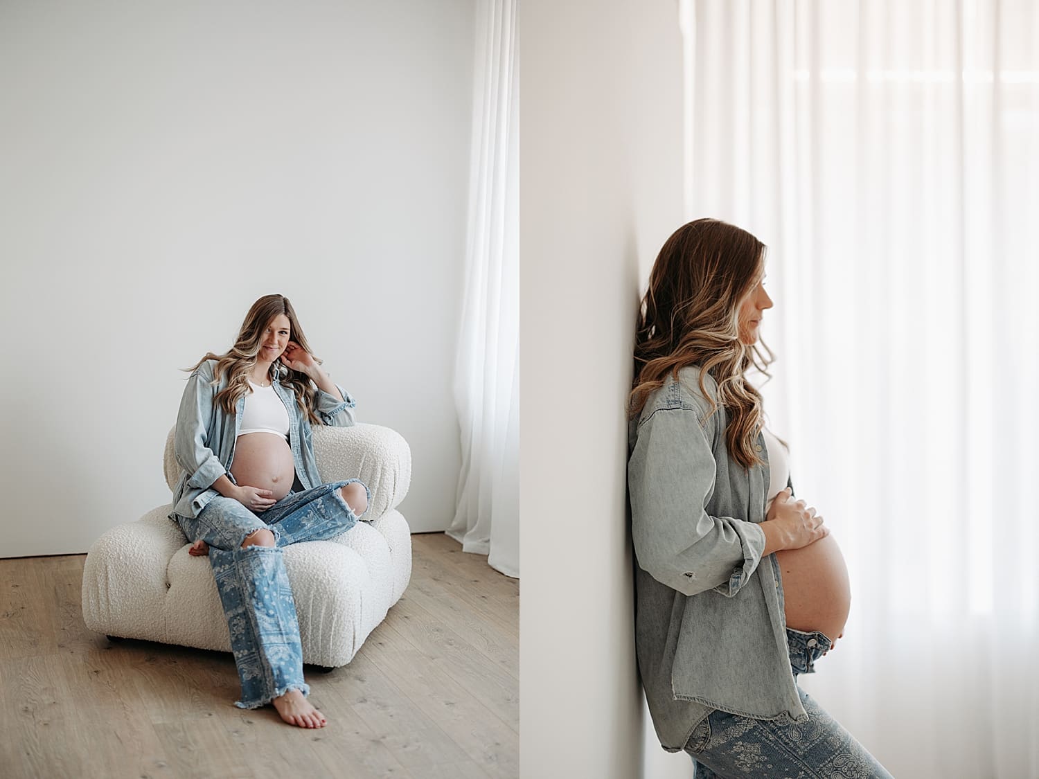 mother in jeans leans against white chair for classic studio maternity session