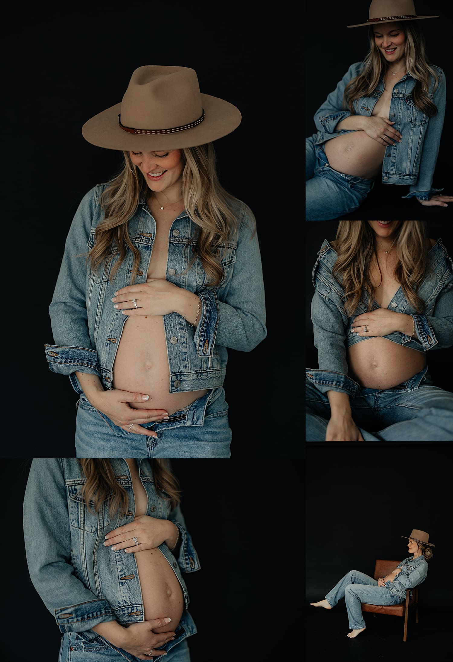 an expecting mama in denim cradles her bump for the first year collection