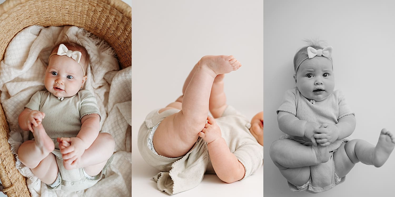baby lies on studio floor for sitter session by Wisconsin family photographer